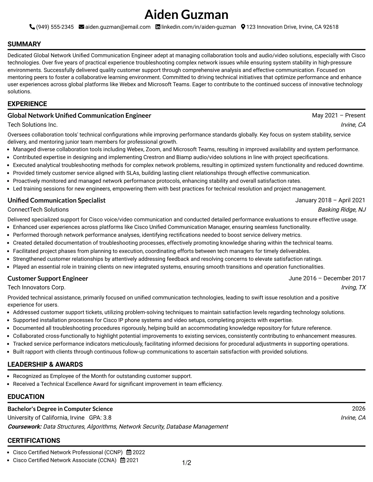 Resume Example Page 1