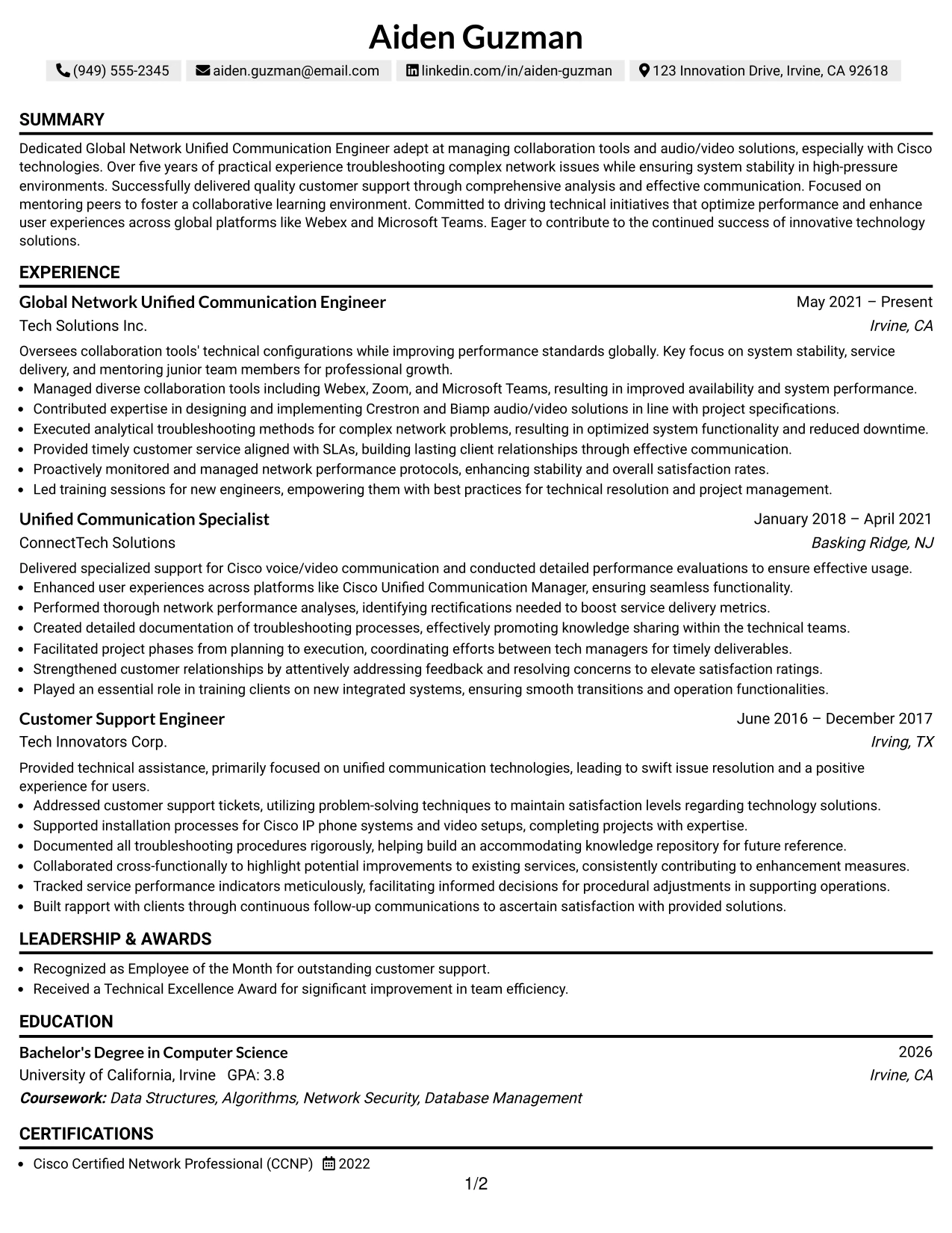 Resume Example Page 1