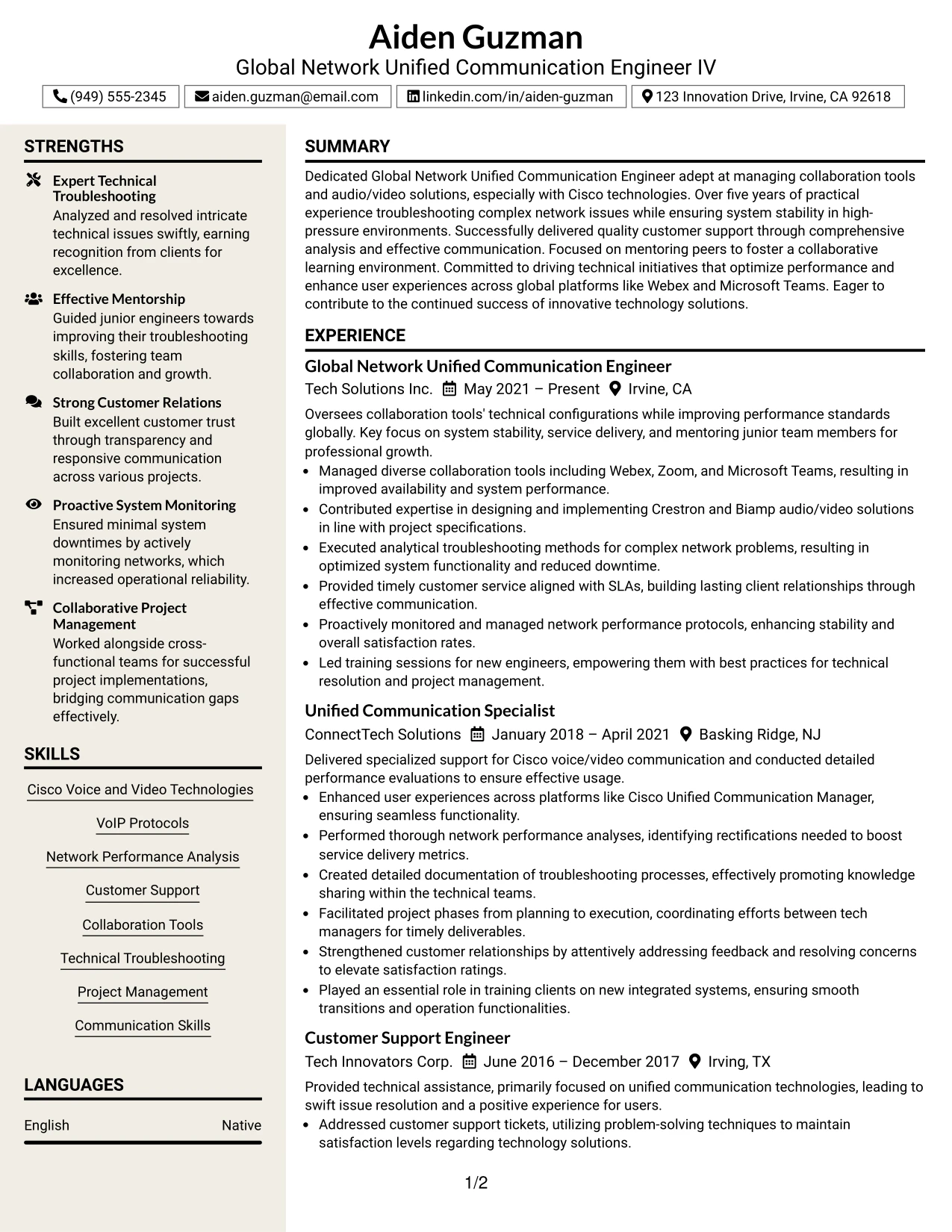 Resume Example Page 1