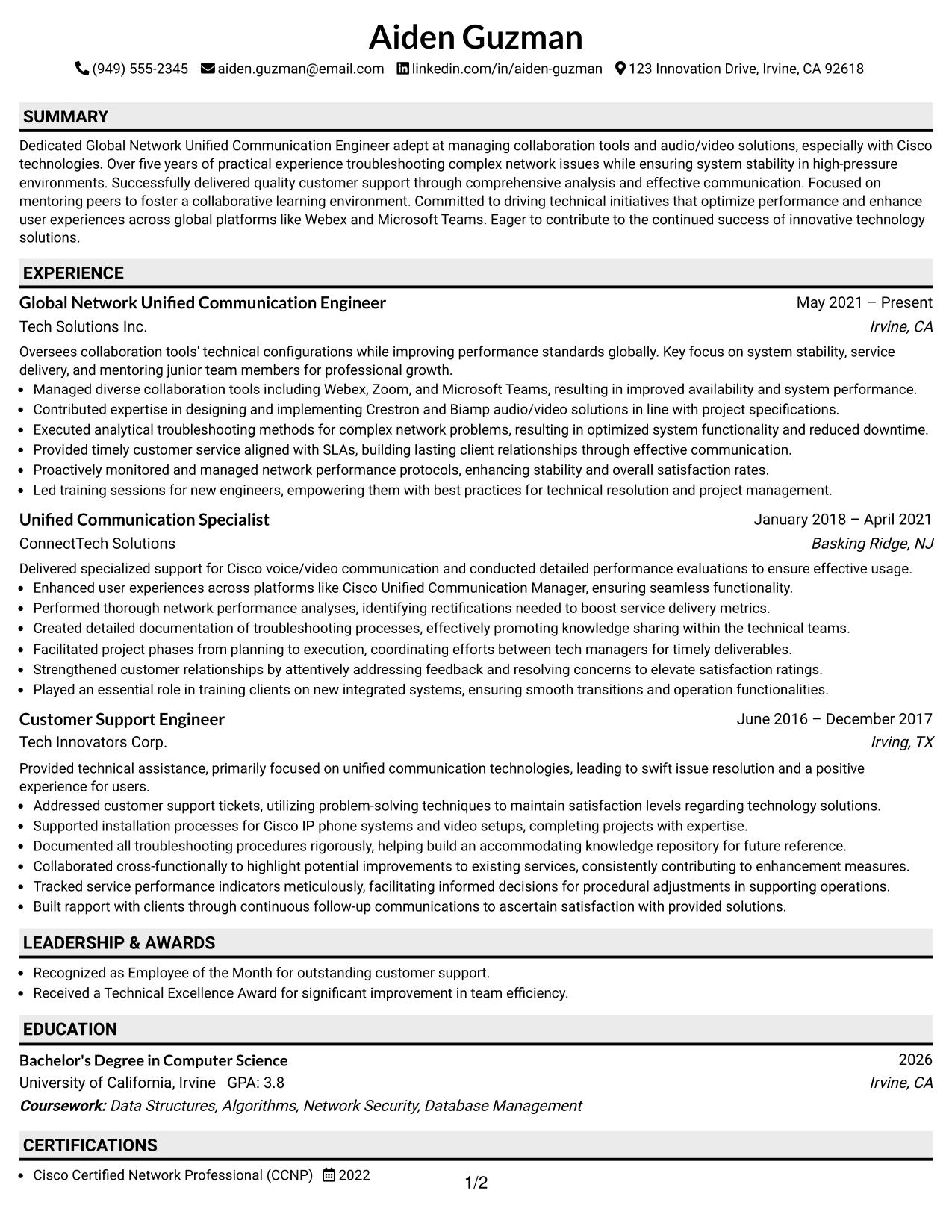 Resume Example Page 1