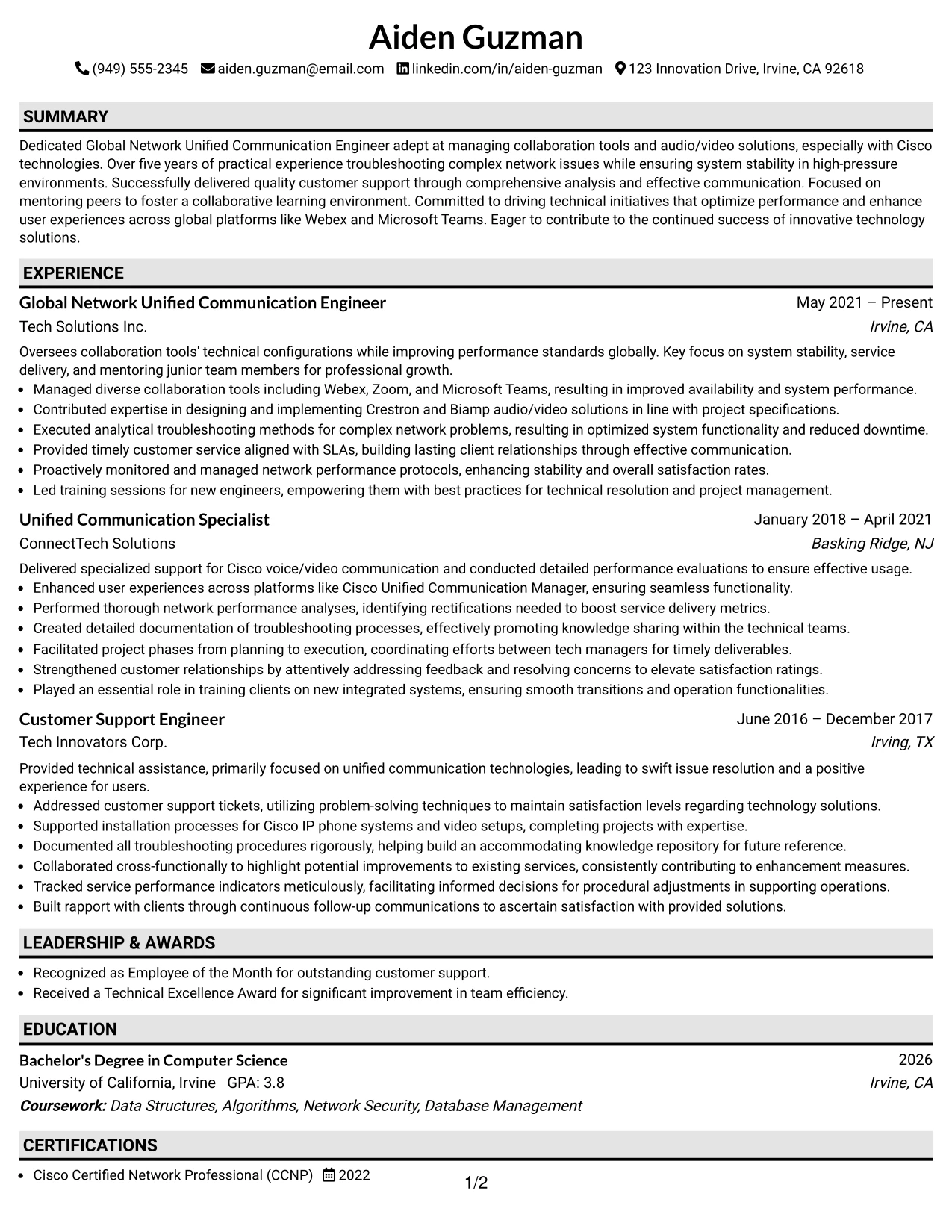 Resume Example Page 1