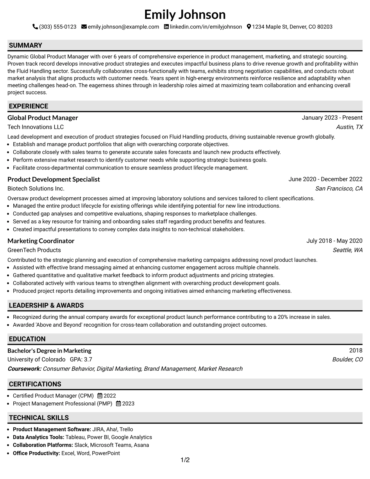 Resume Example Page 1
