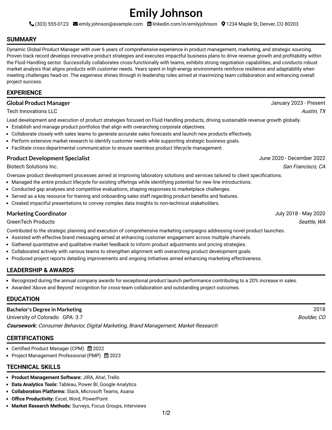 Resume Example Page 1