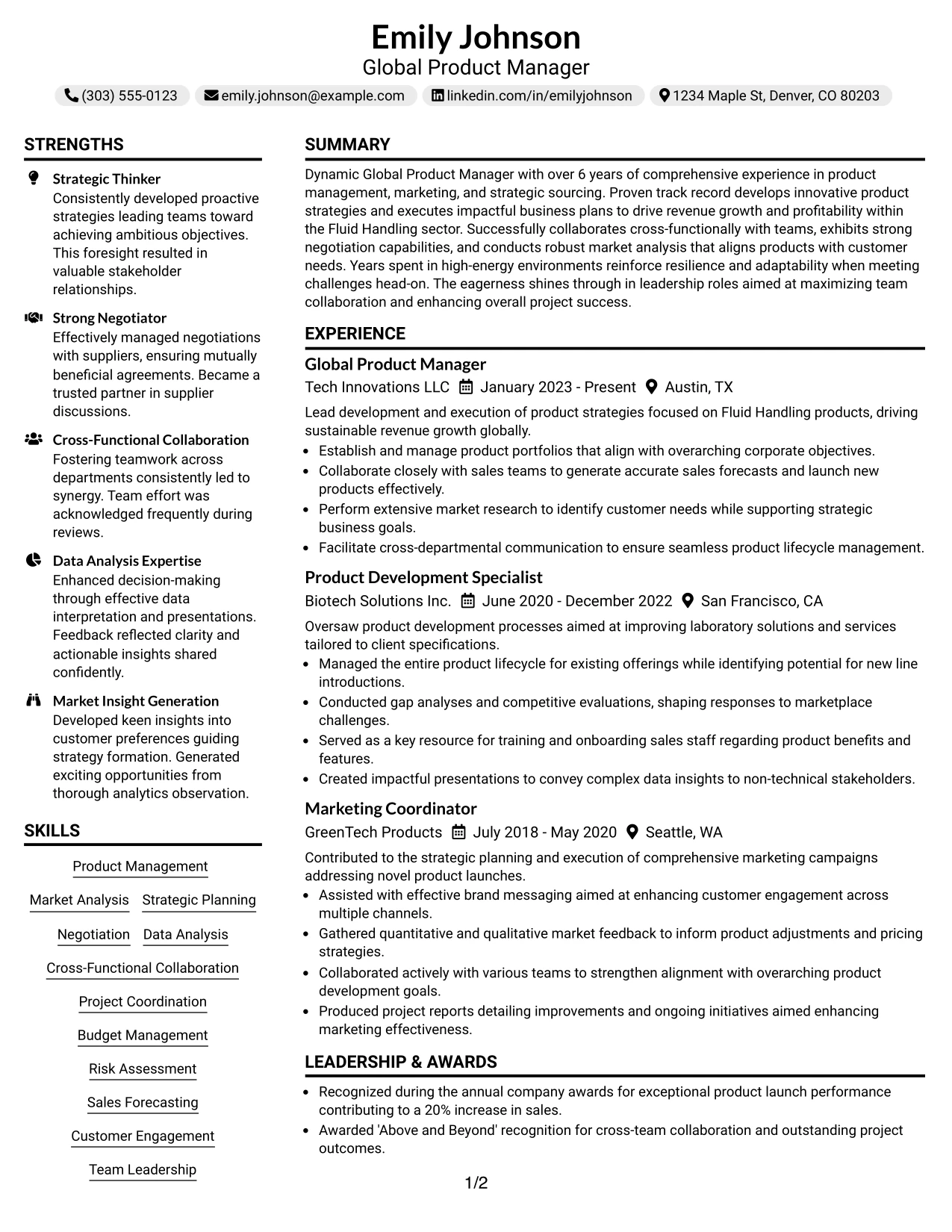 Resume Example Page 1