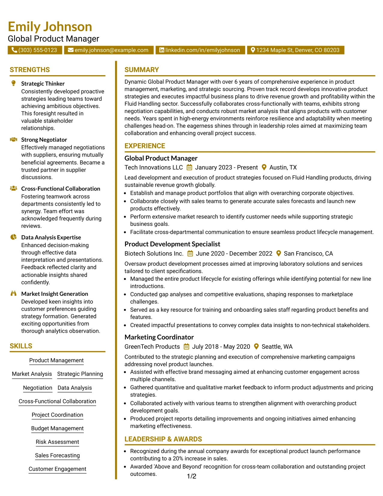 Resume Example Page 1