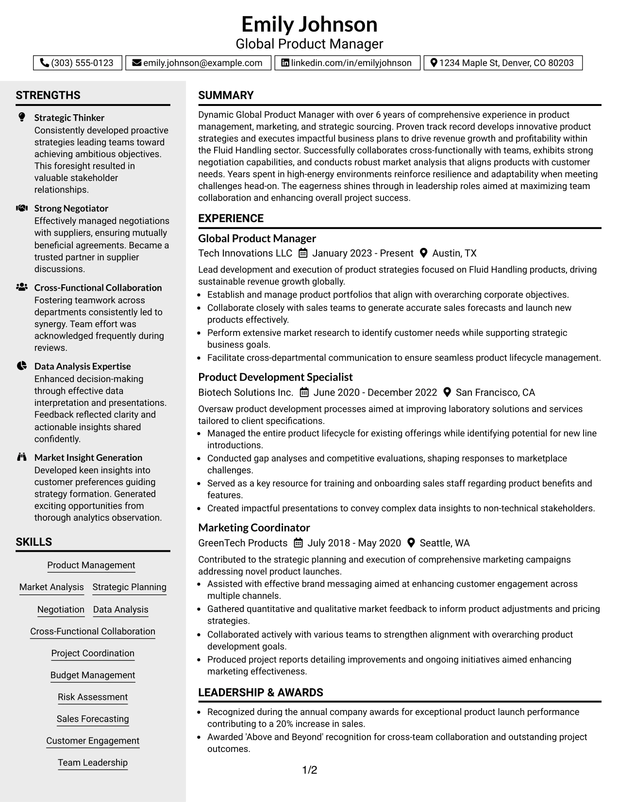 Resume Example Page 1
