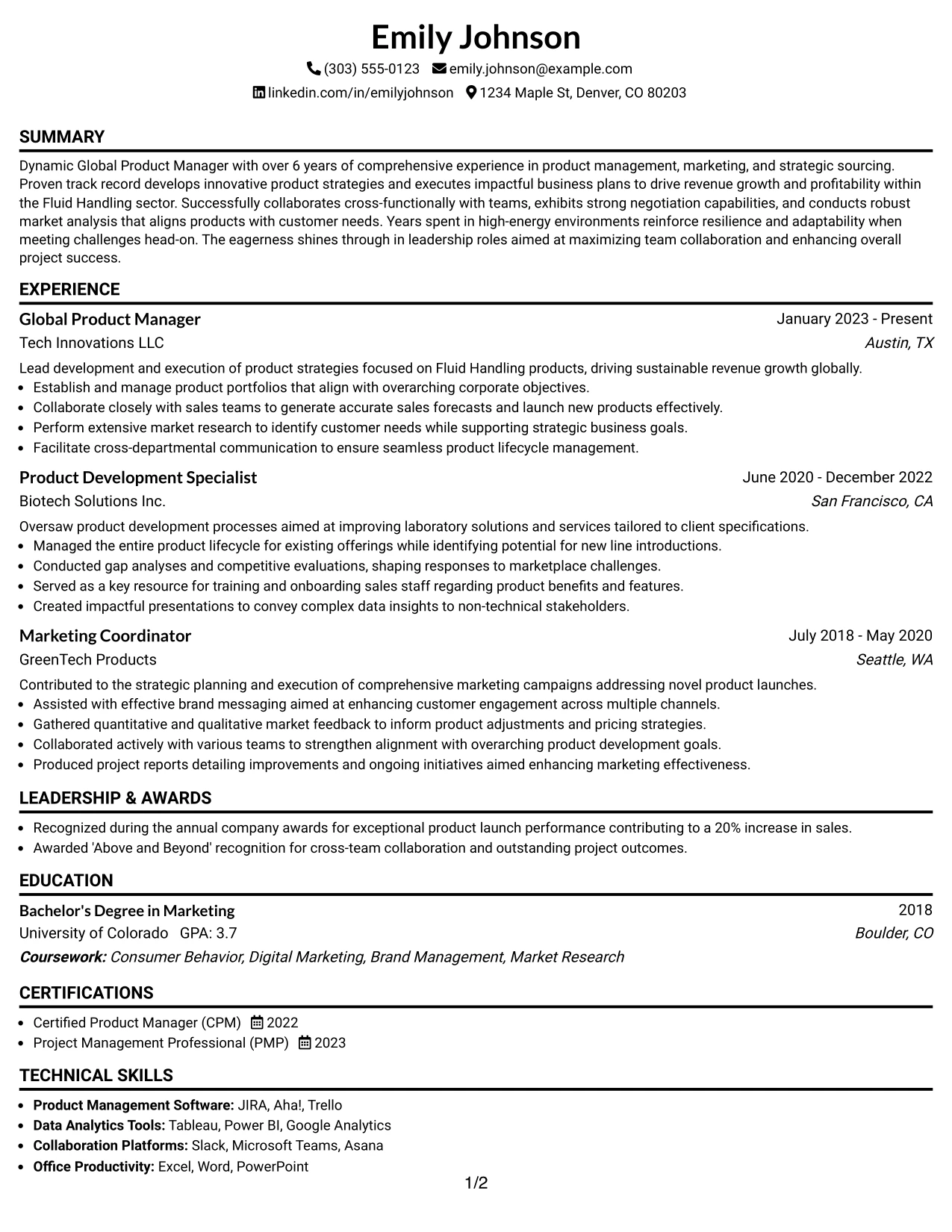 Resume Example Page 1