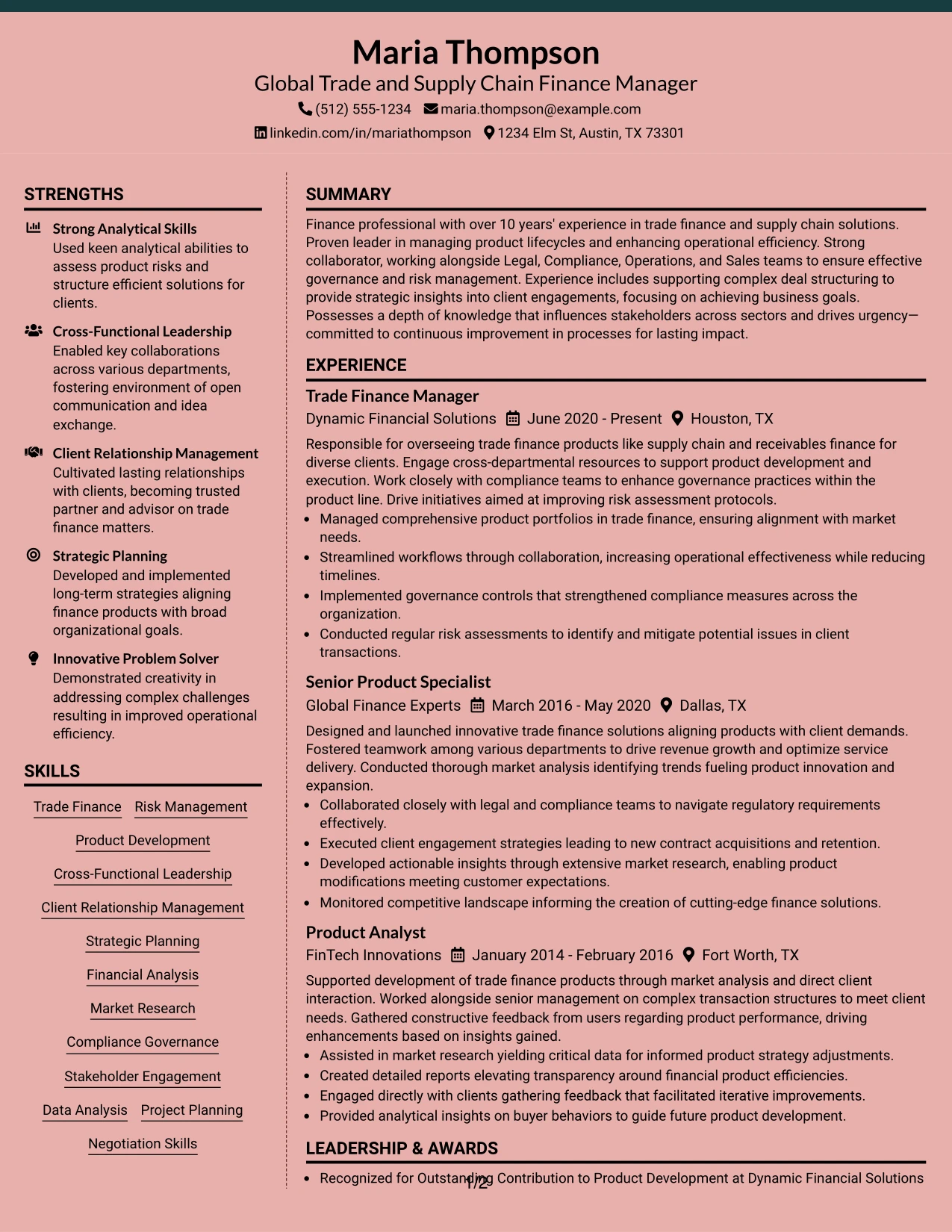 Resume Example Page 1