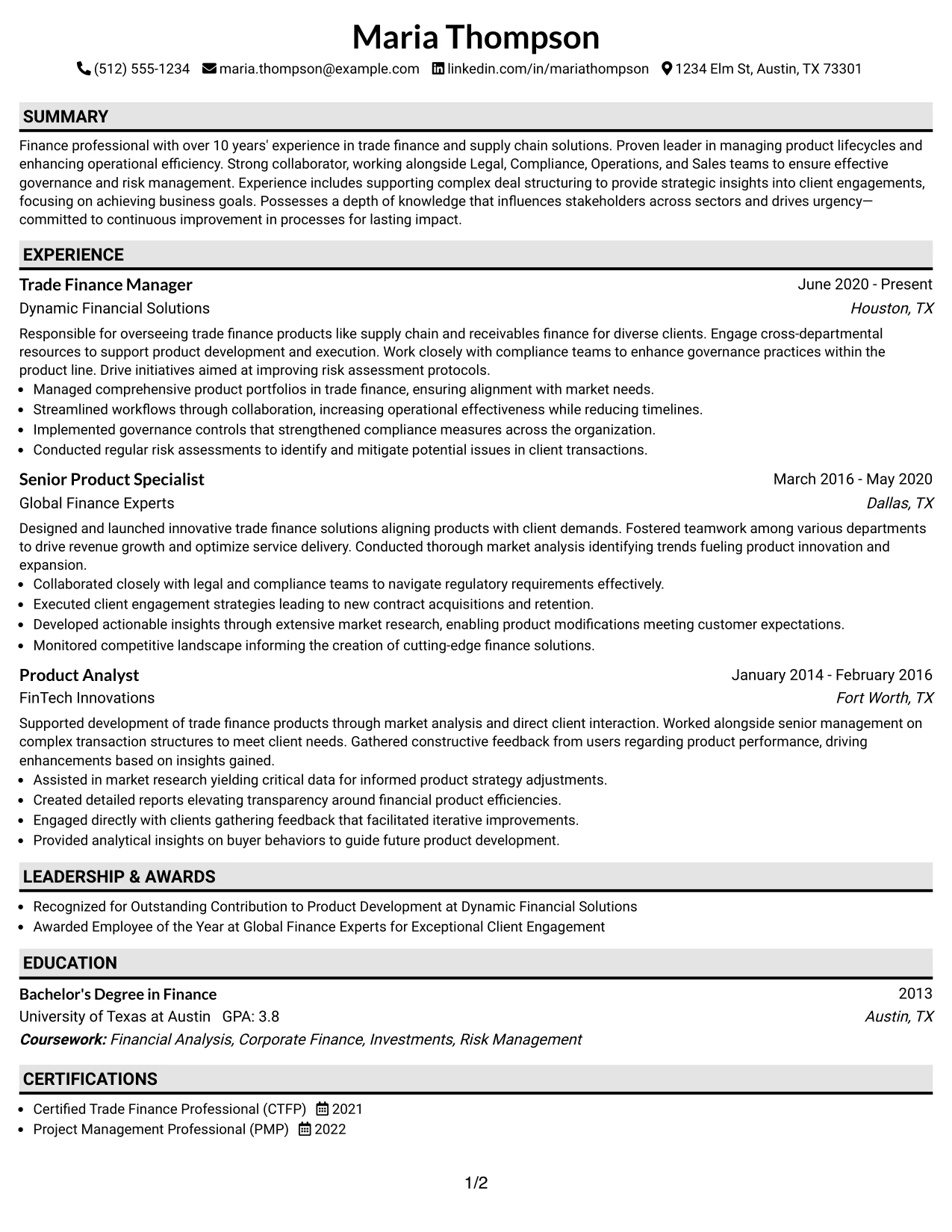 Resume Example Page 1