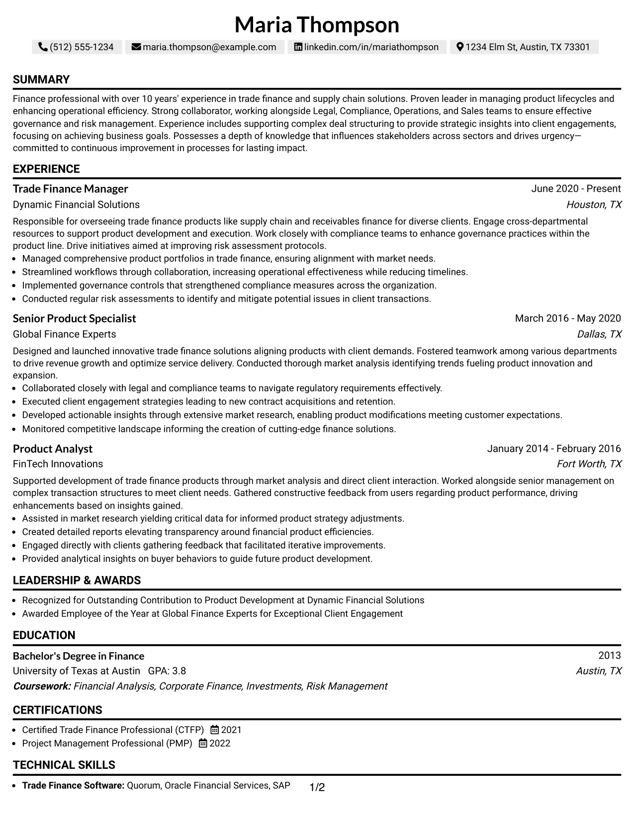 Resume Example Page 1