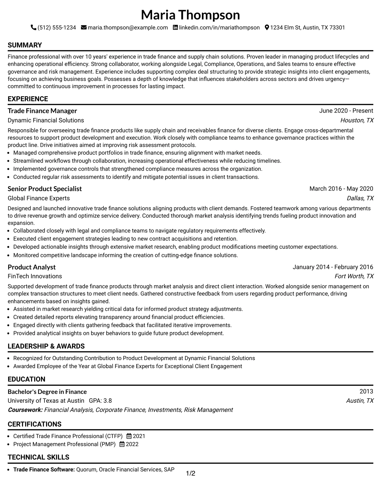 Resume Example Page 1
