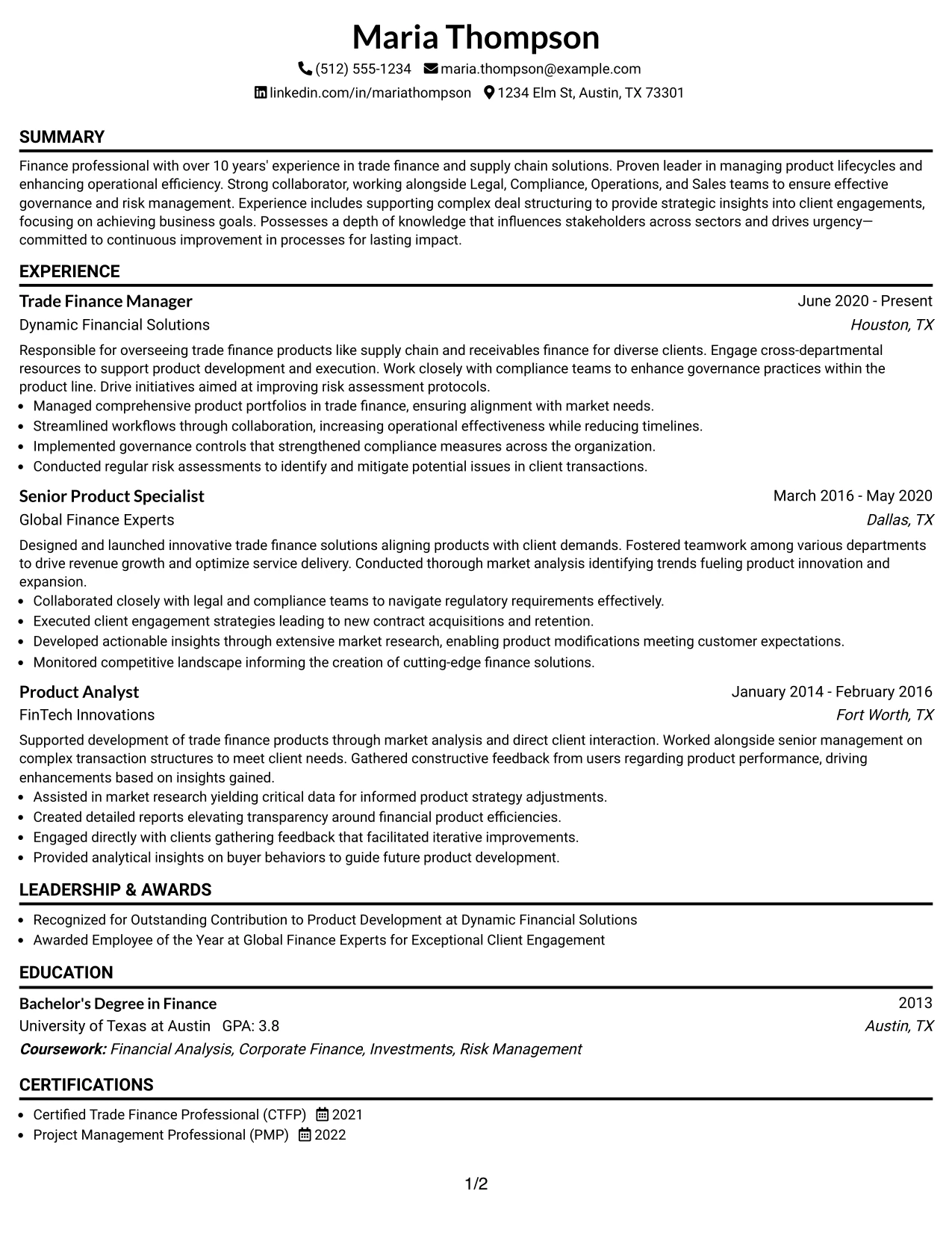 Resume Example Page 1