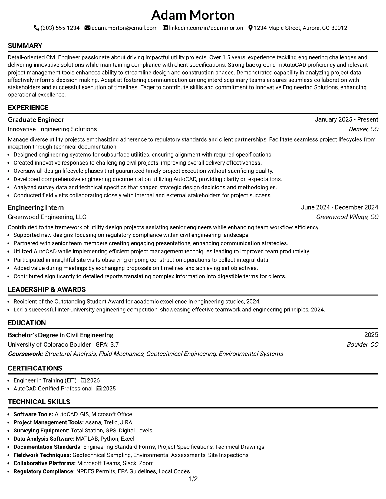 Resume Example Page 1