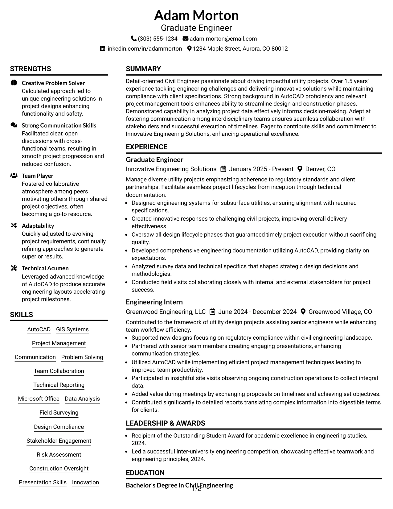 Resume Example Page 1