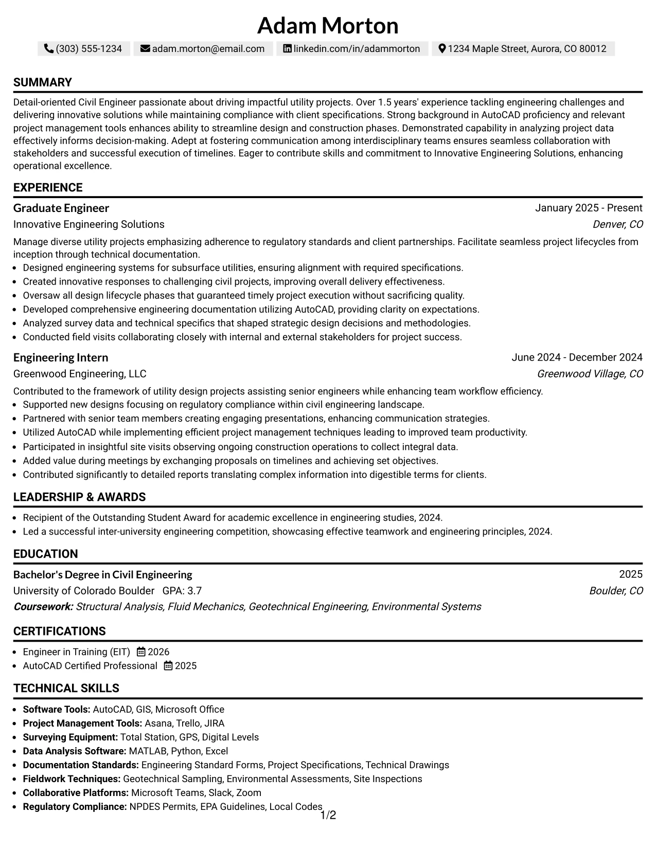 Resume Example Page 1