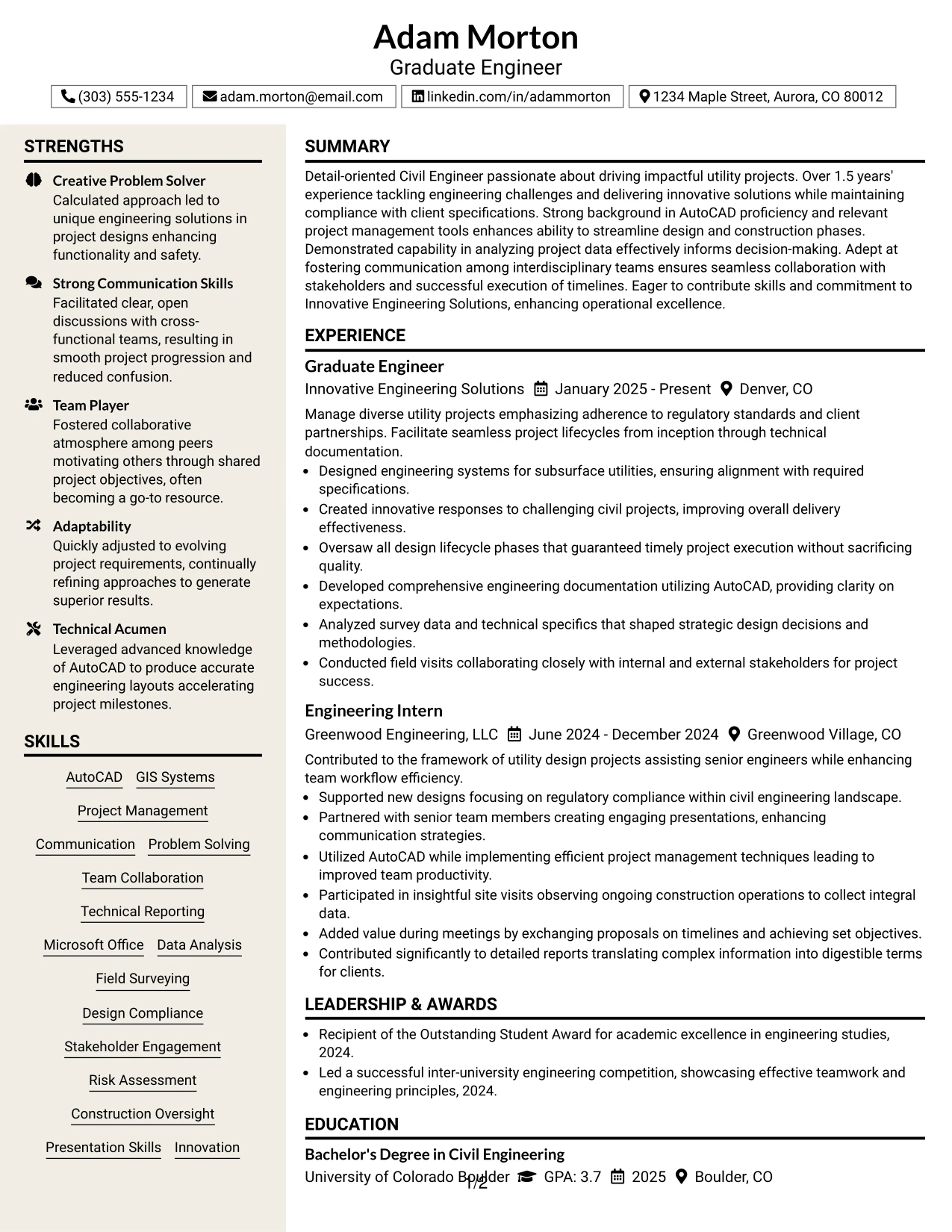 Resume Example Page 1