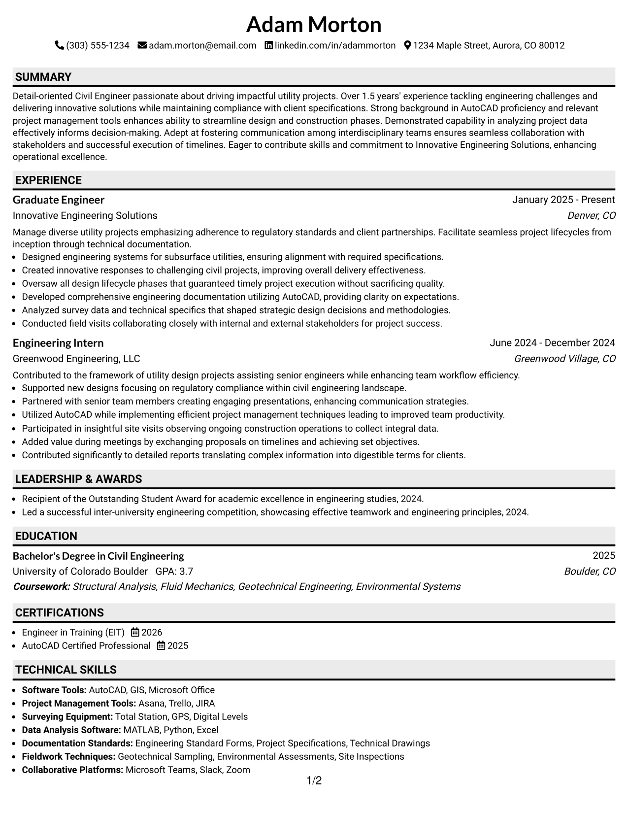 Resume Example Page 1