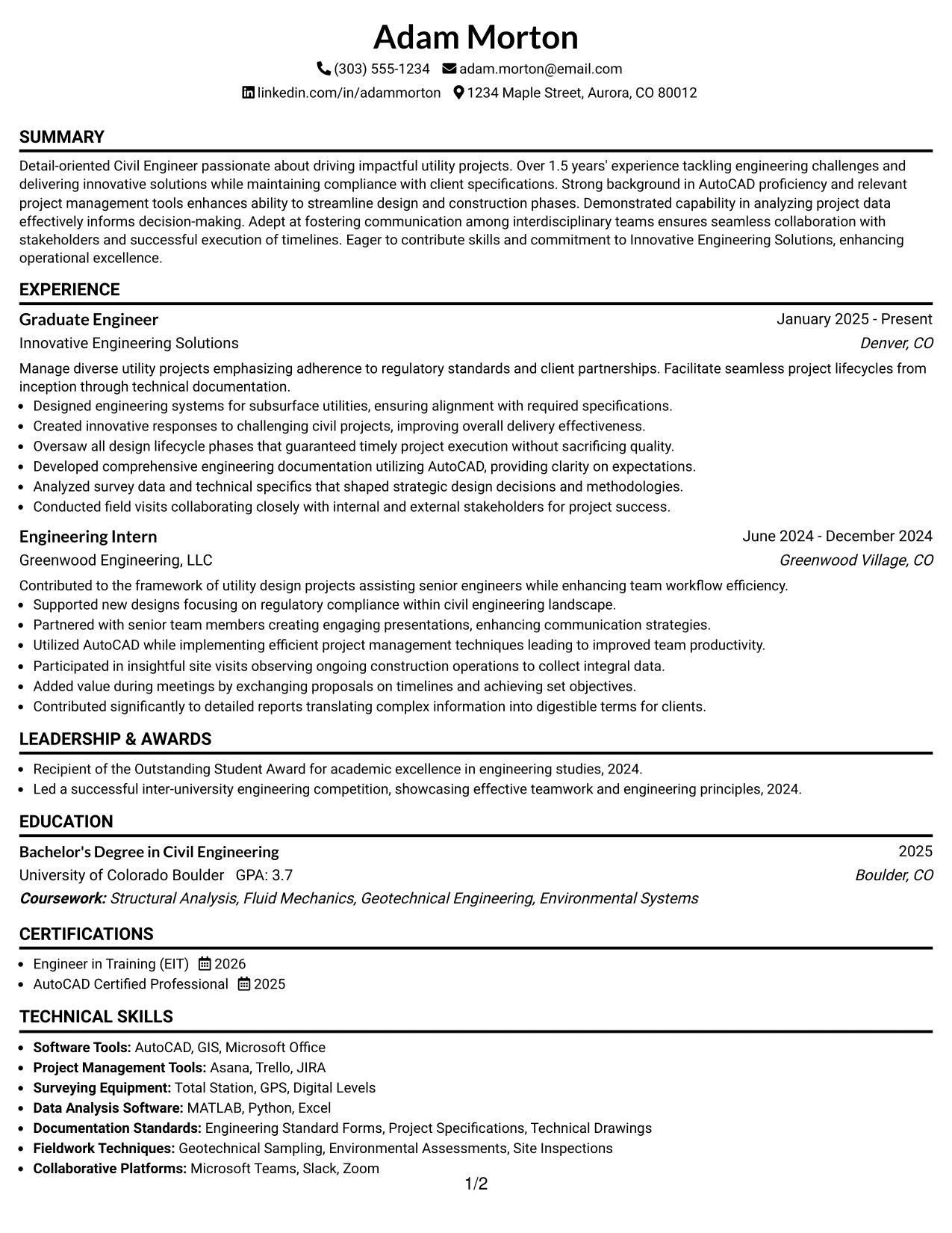 Resume Example Page 1