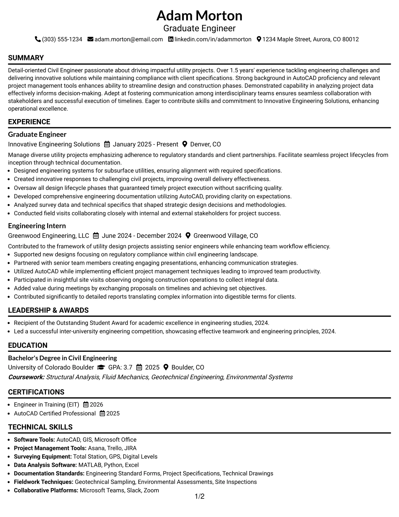 Resume Example Page 1