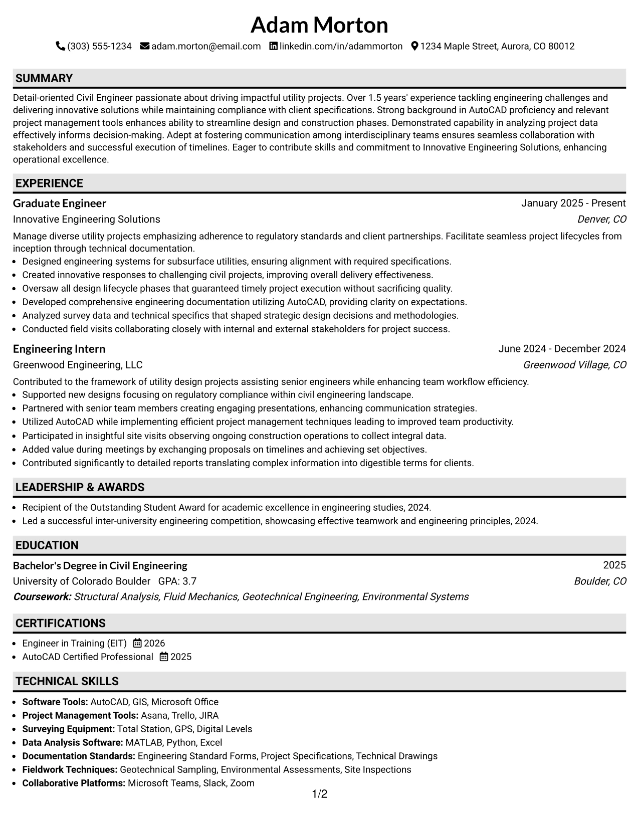 Resume Example Page 1