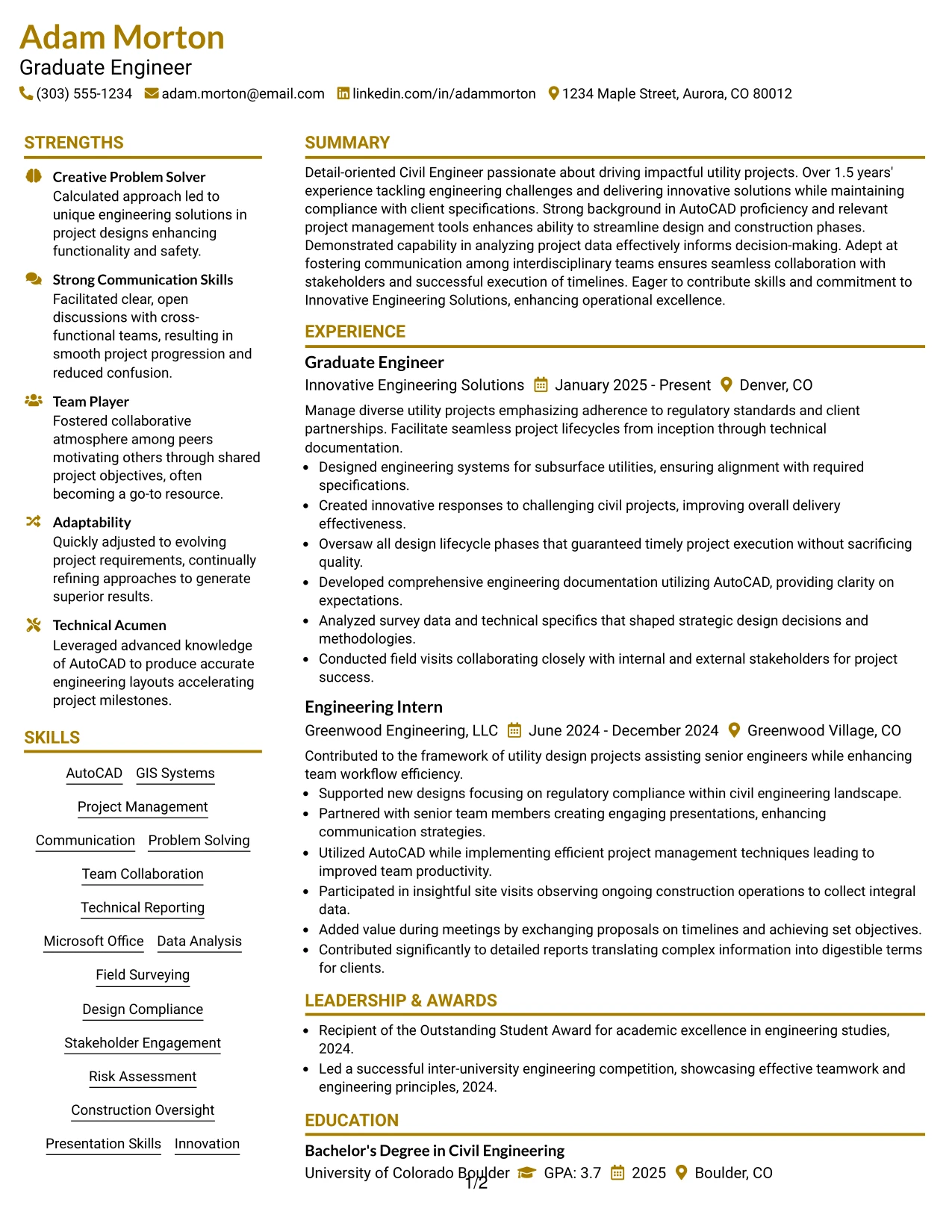 Resume Example Page 1