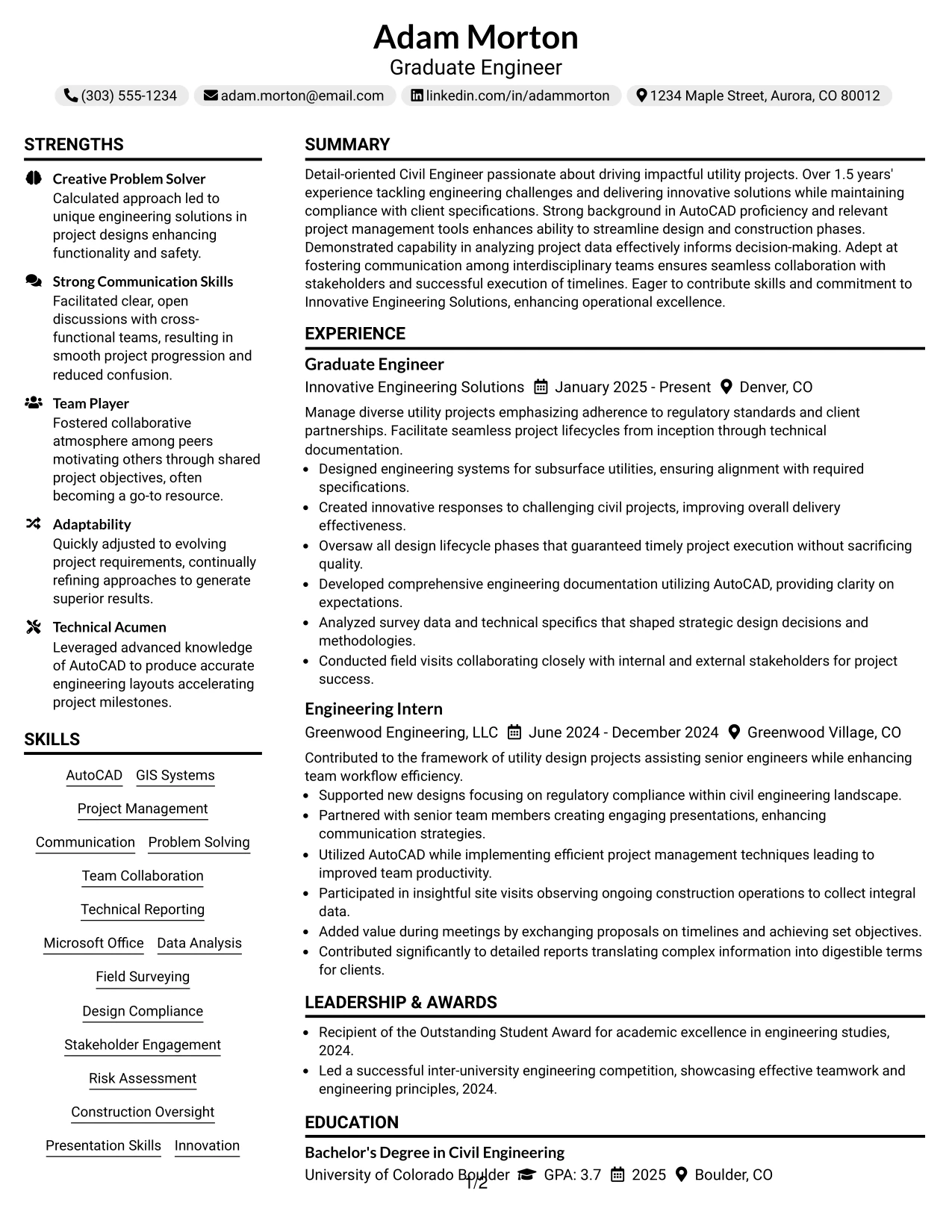 Resume Example Page 1