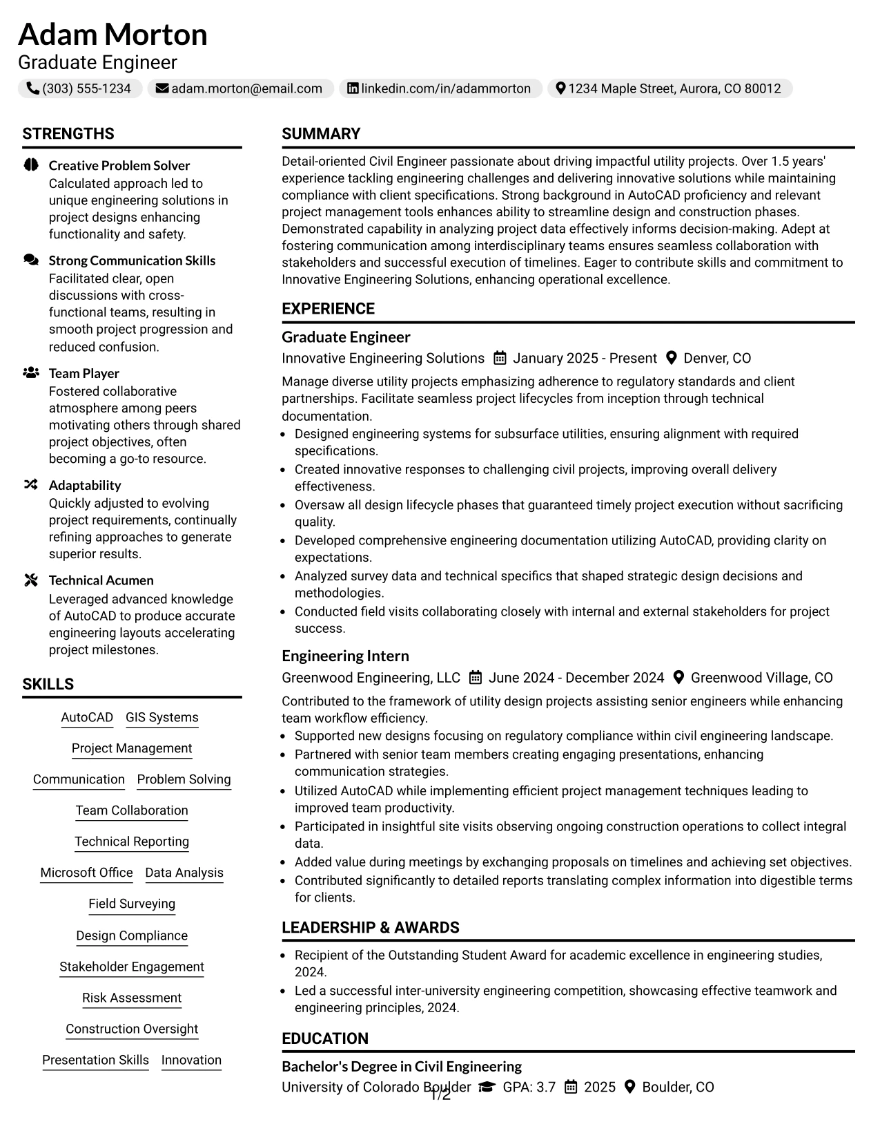 Resume Example Page 1