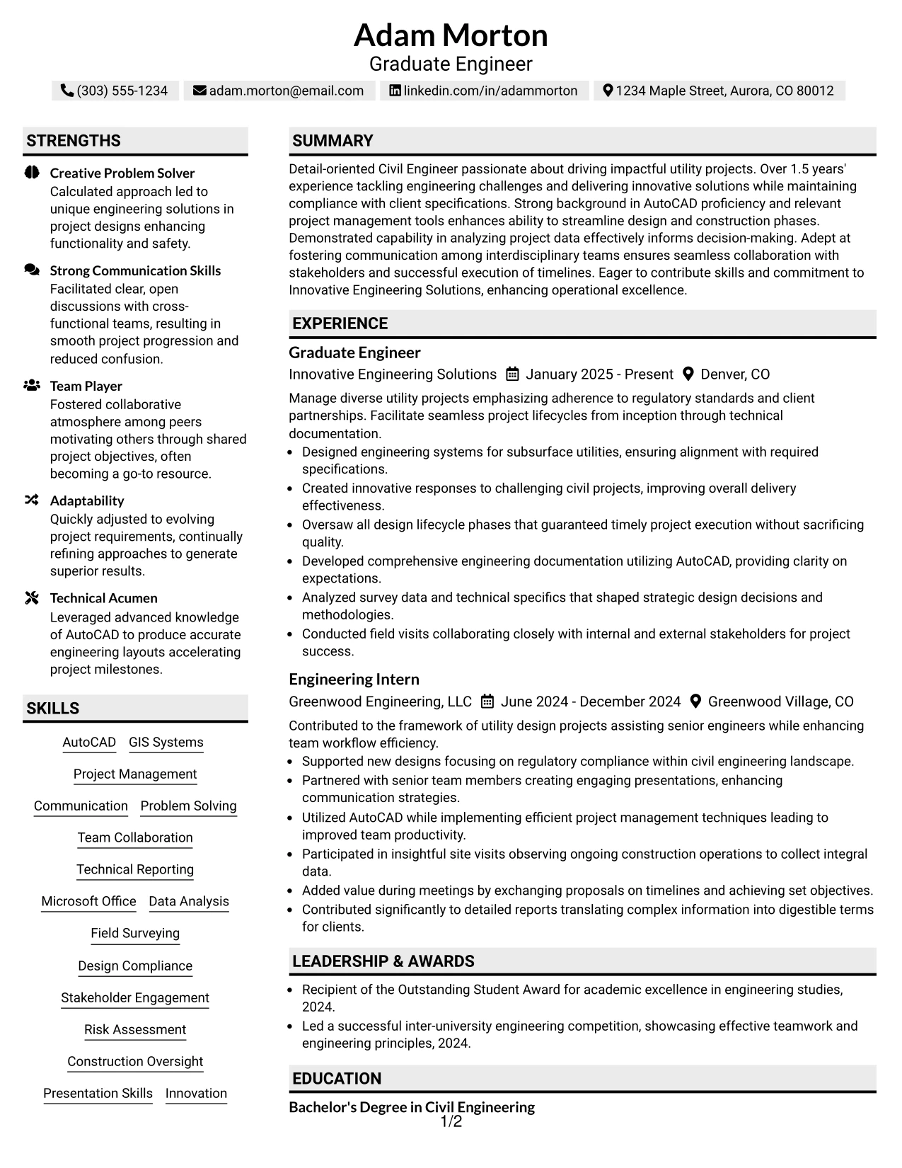 Resume Example Page 1