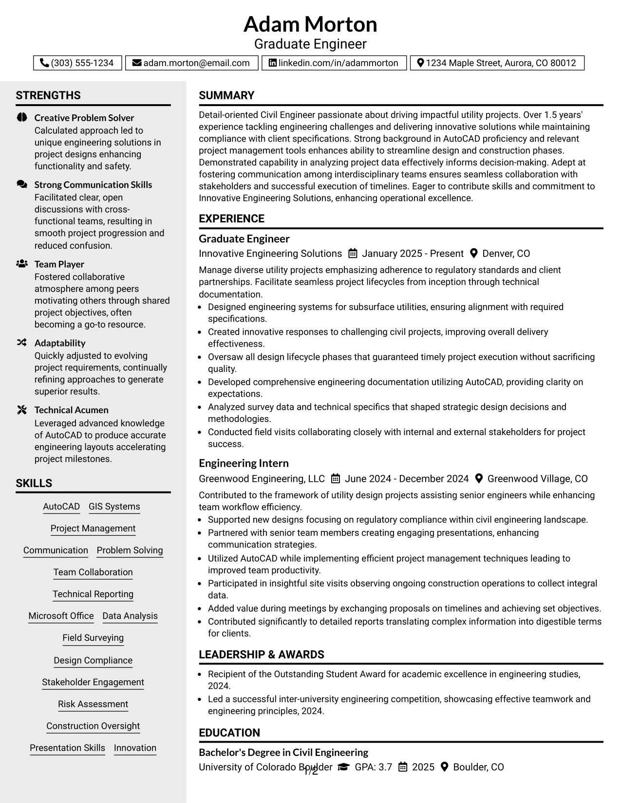 Resume Example Page 1