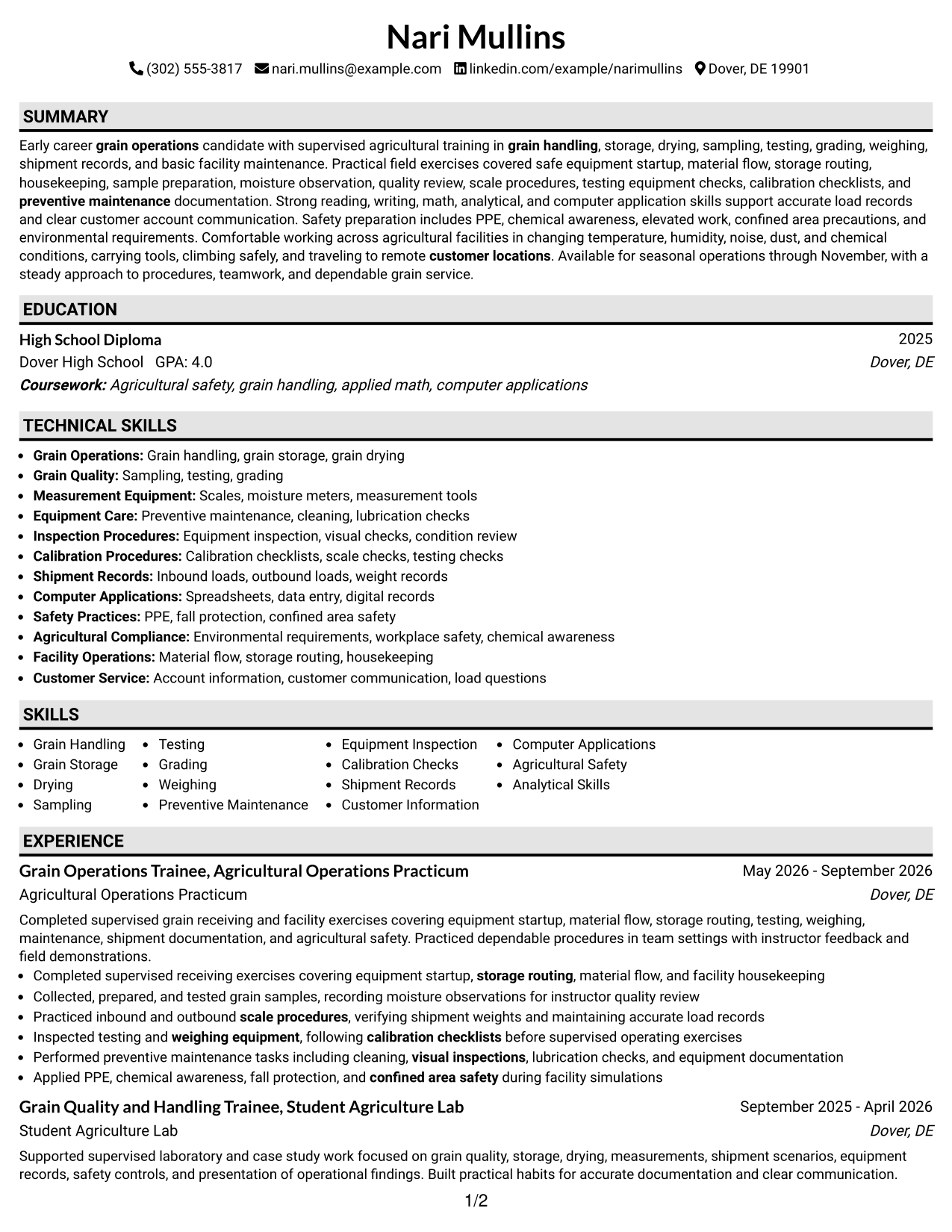 Resume Example Page 1