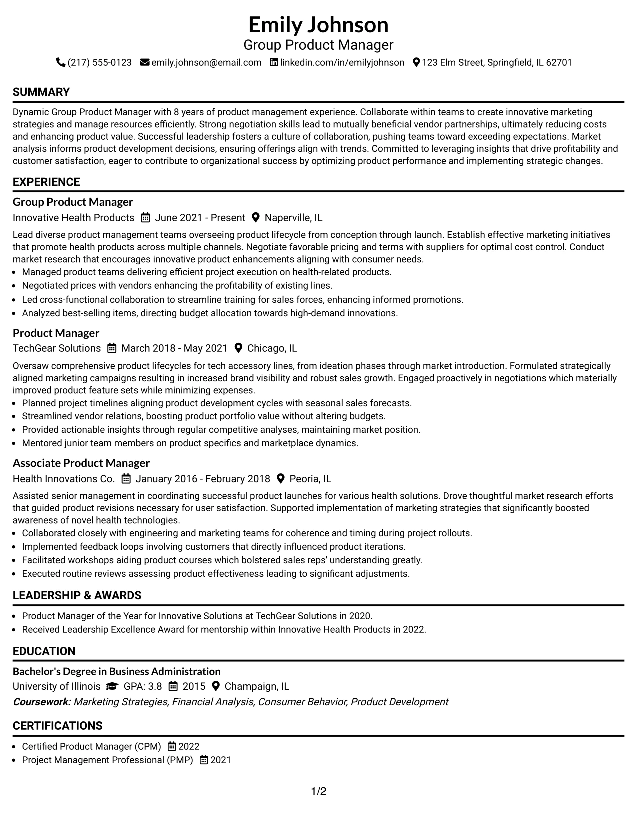 Resume Example Page 1