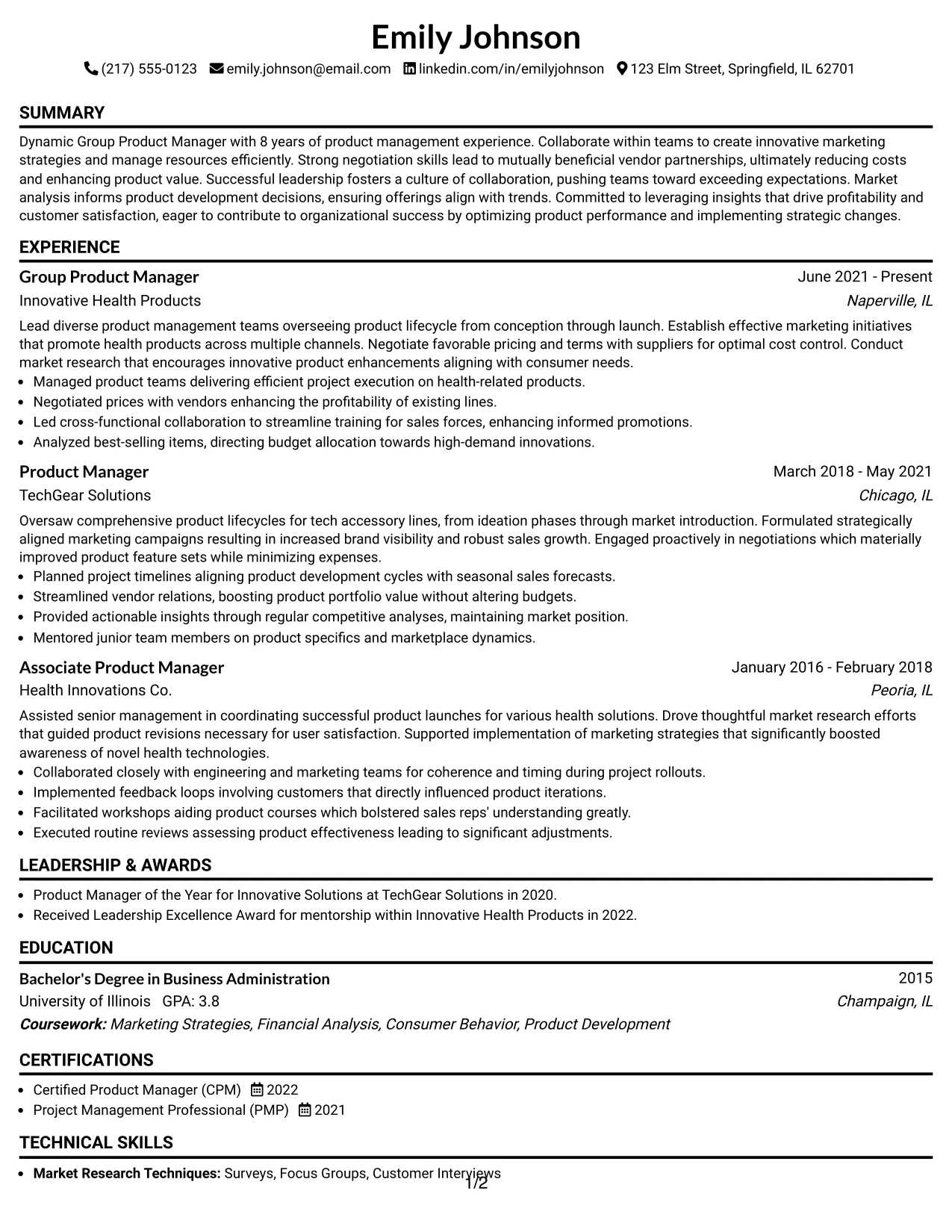 Resume Example Page 1
