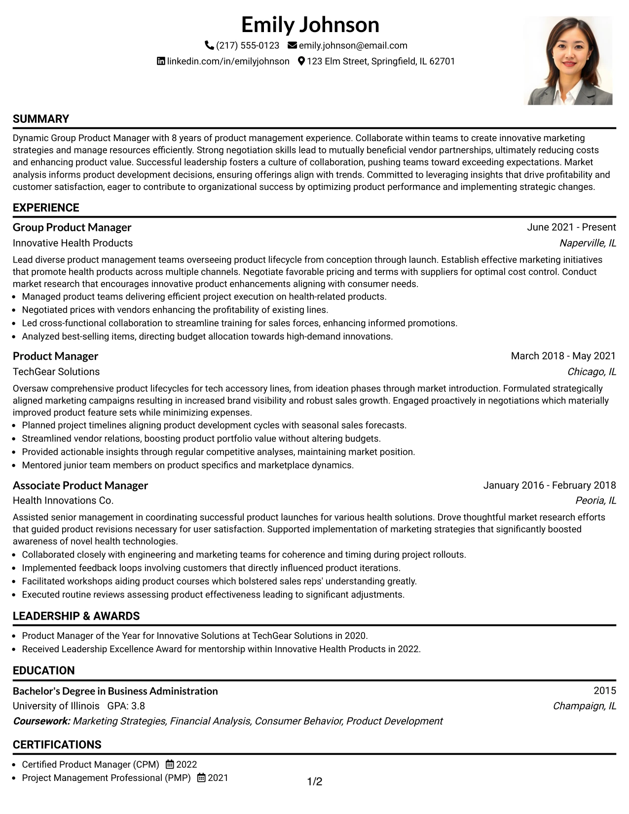 Resume Example Page 1