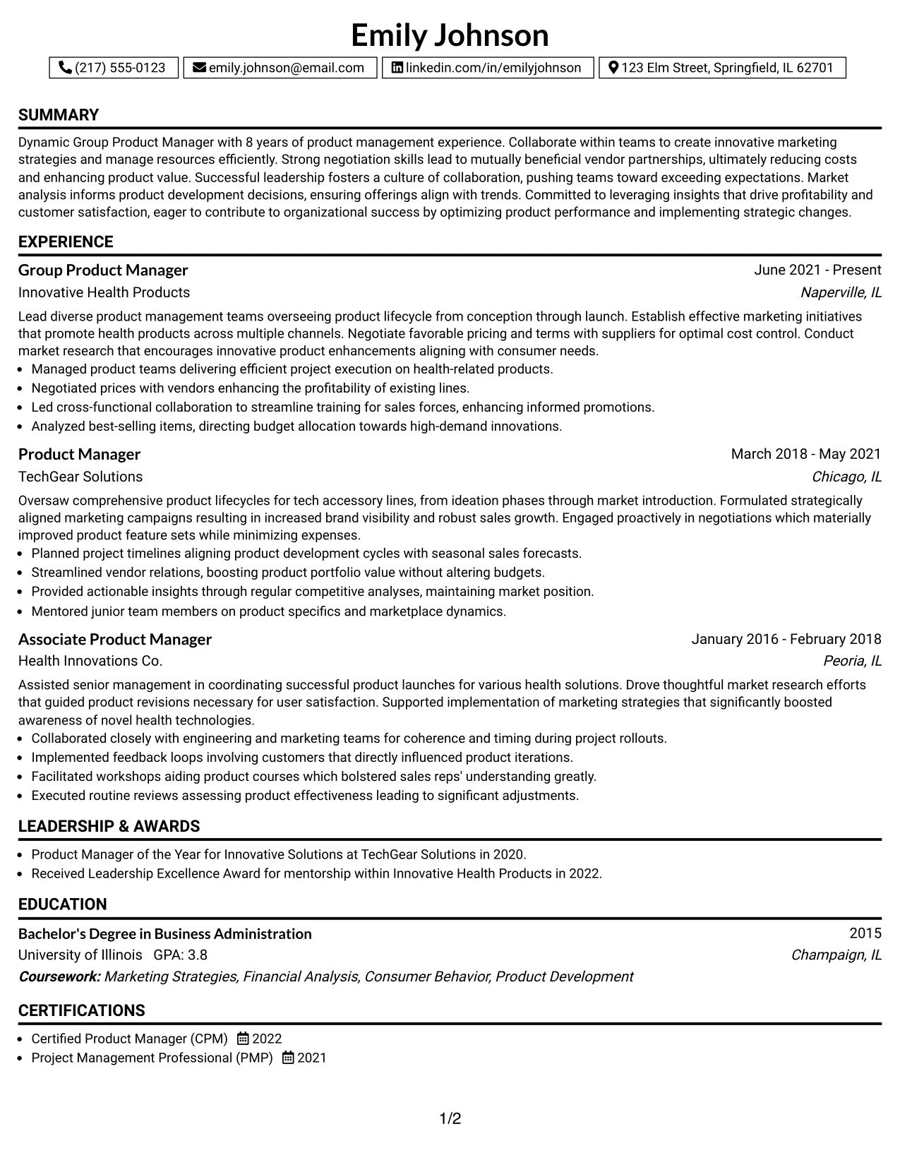 Resume Example Page 1
