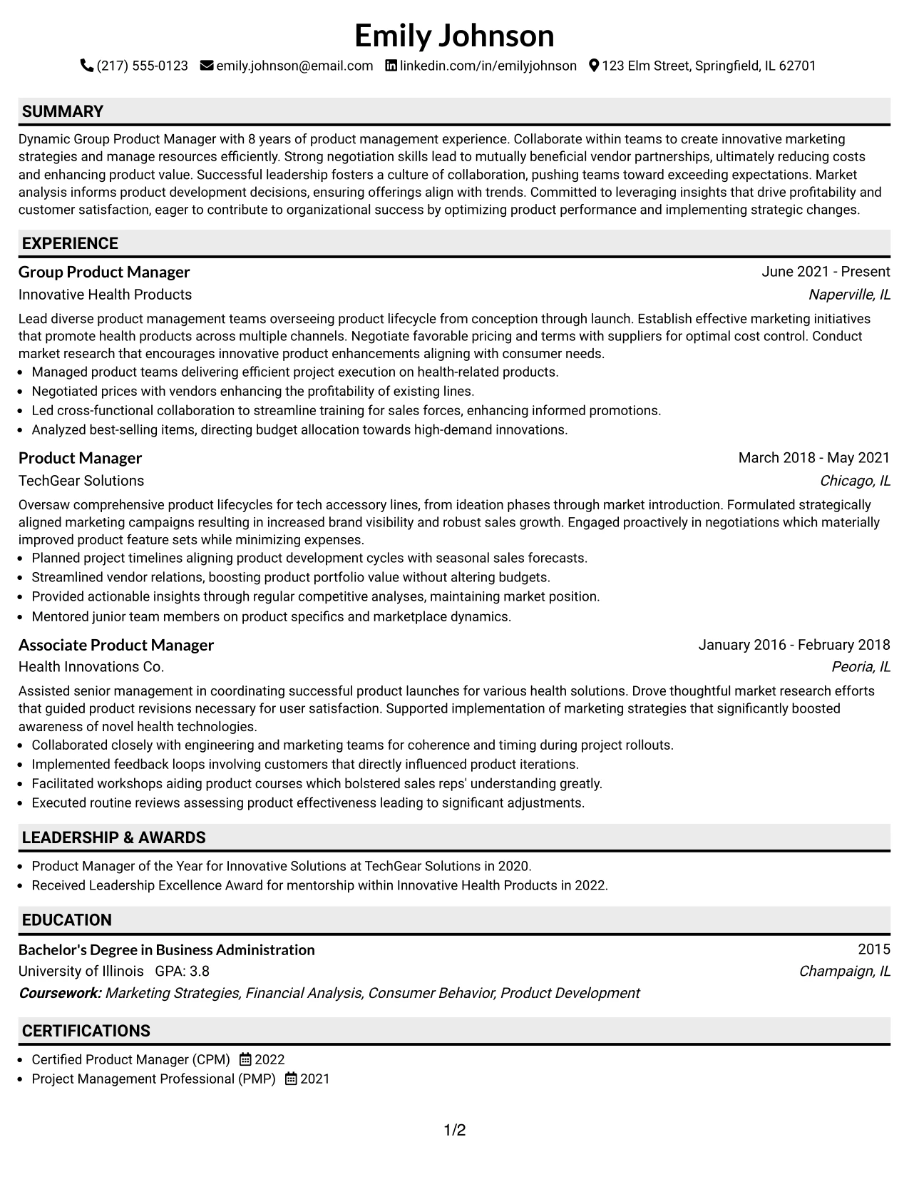 Resume Example Page 1
