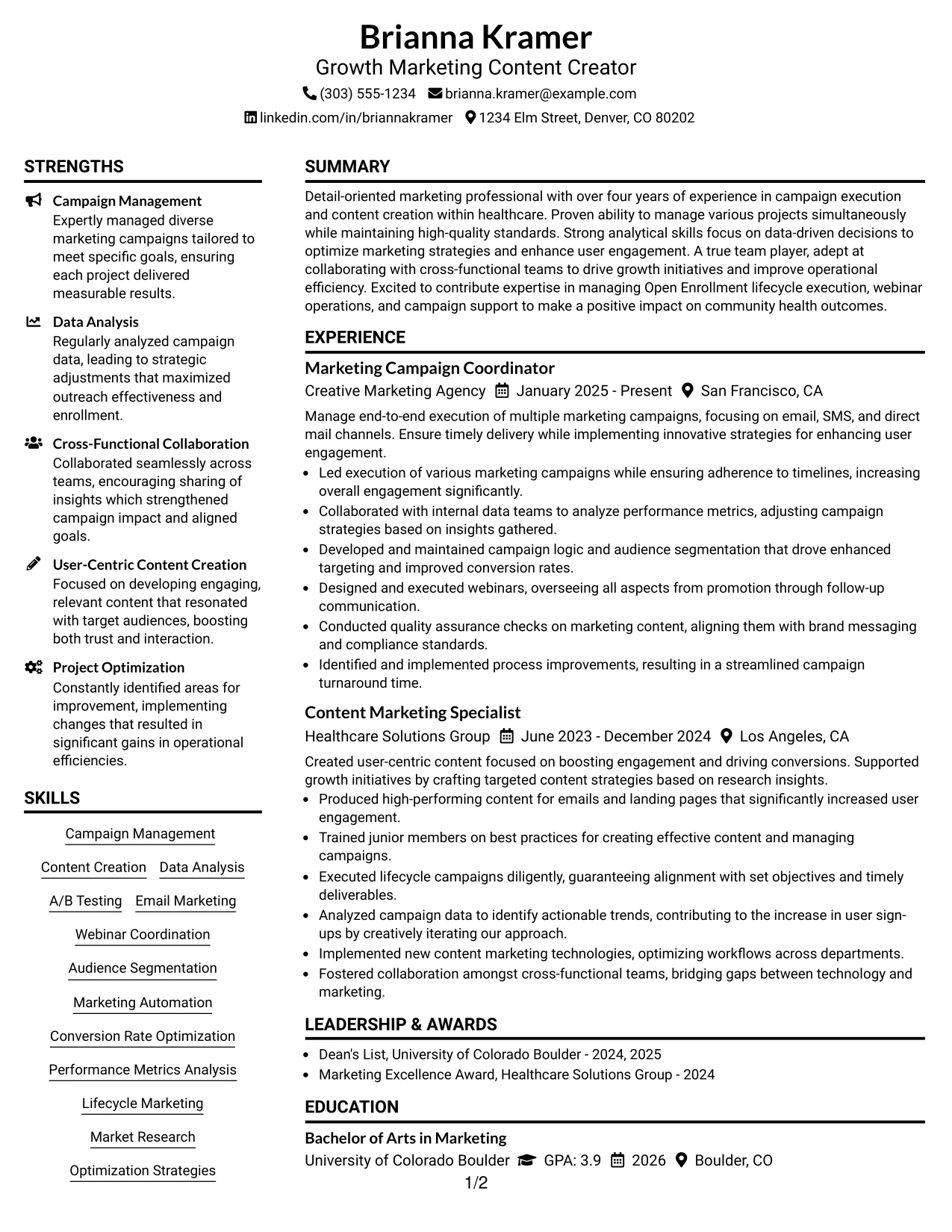 Resume Example Page 1