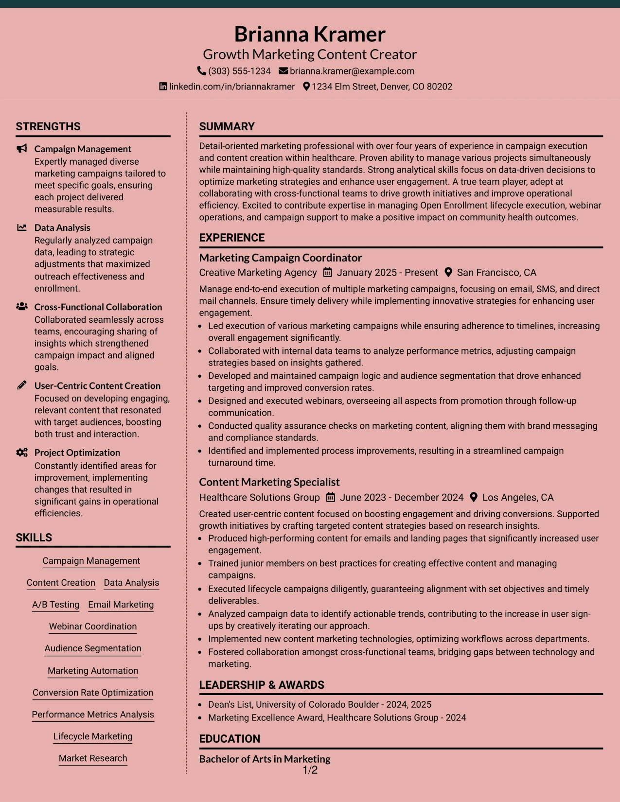 Resume Example Page 1