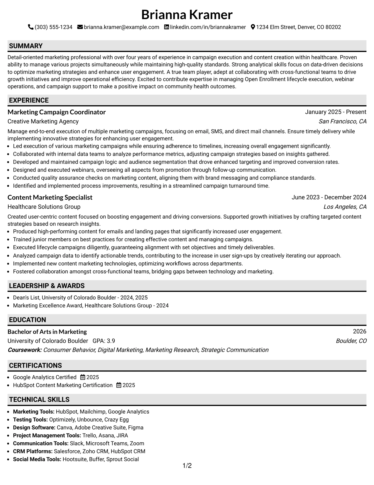 Resume Example Page 1