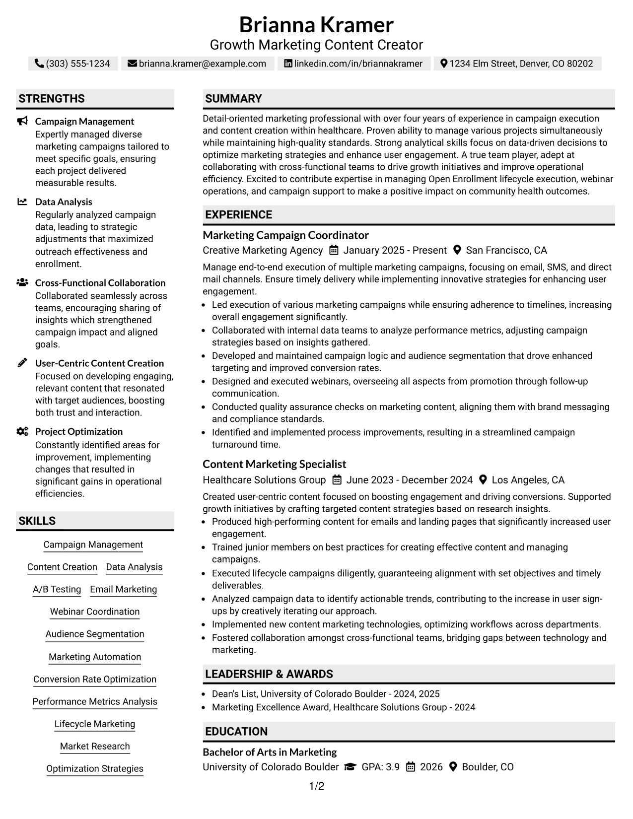 Resume Example Page 1