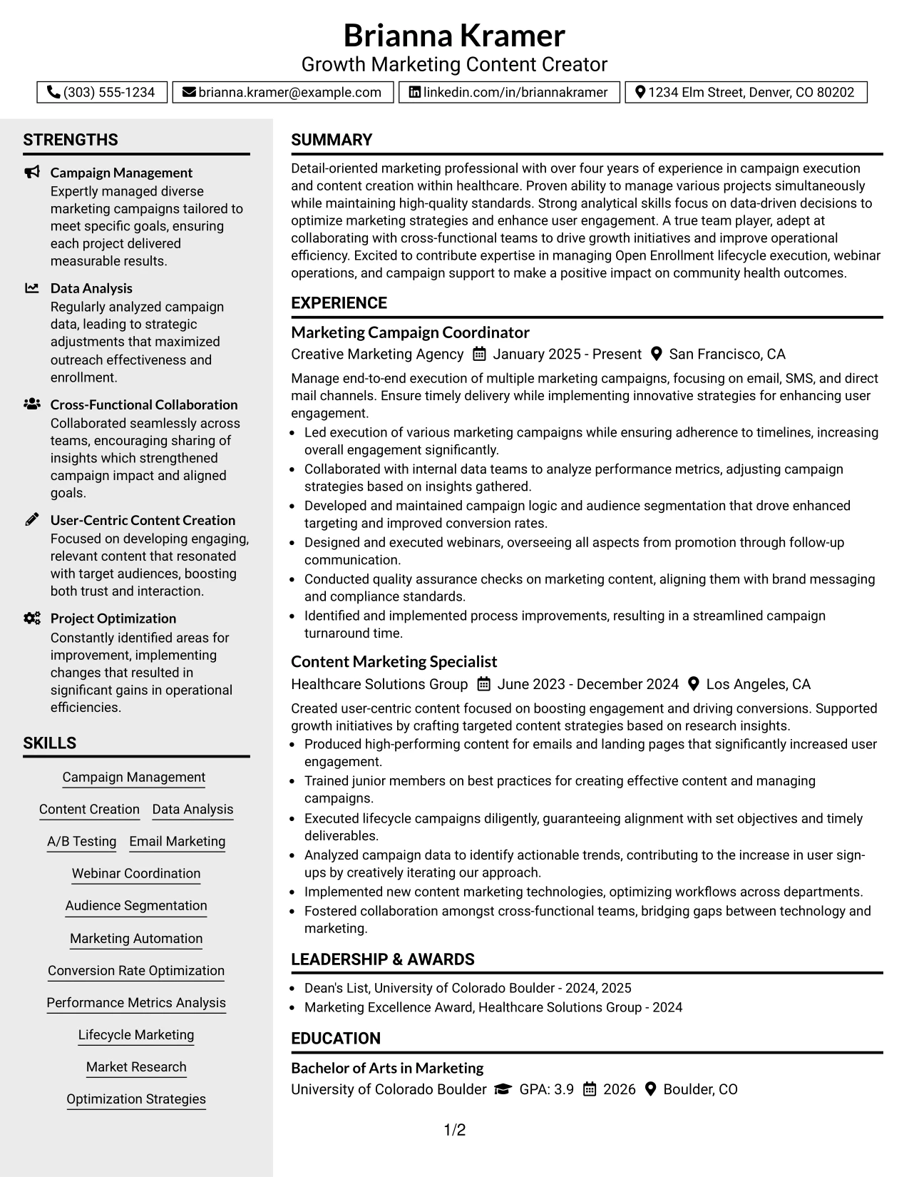 Resume Example Page 1