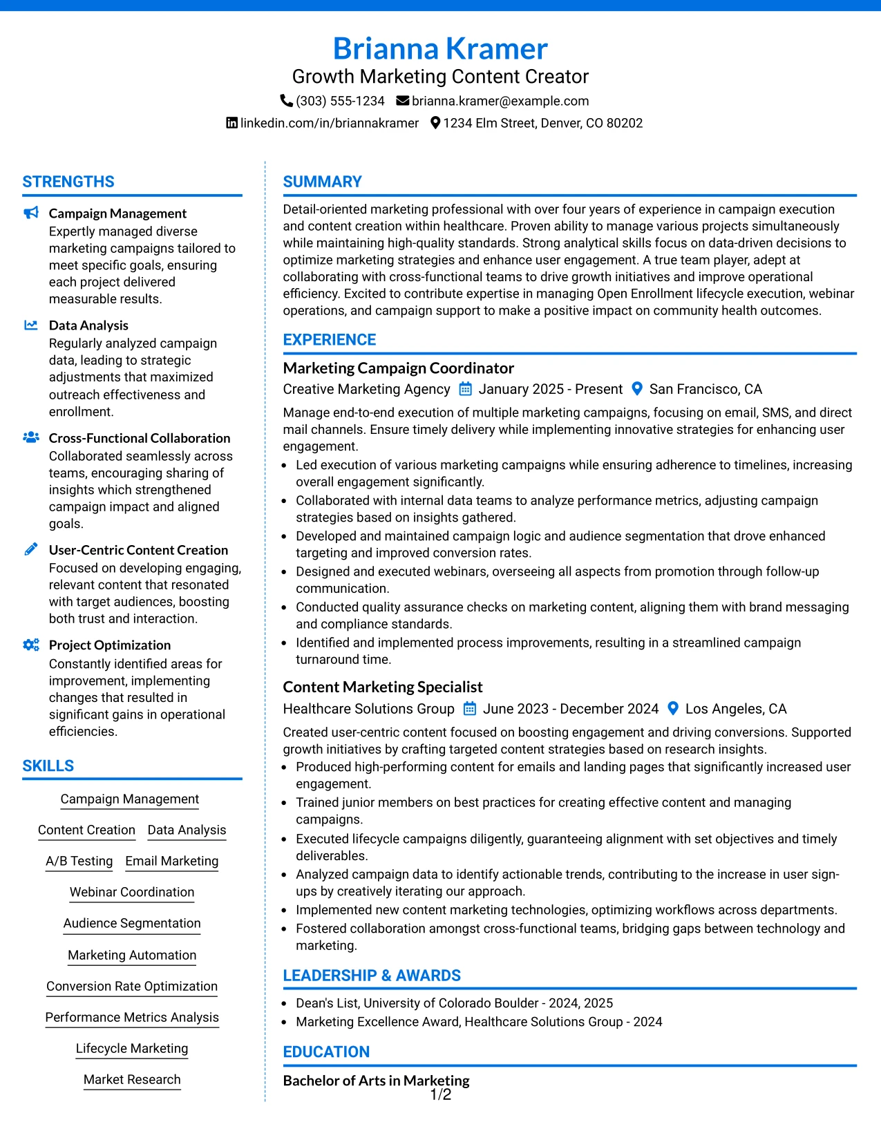 Resume Example Page 1