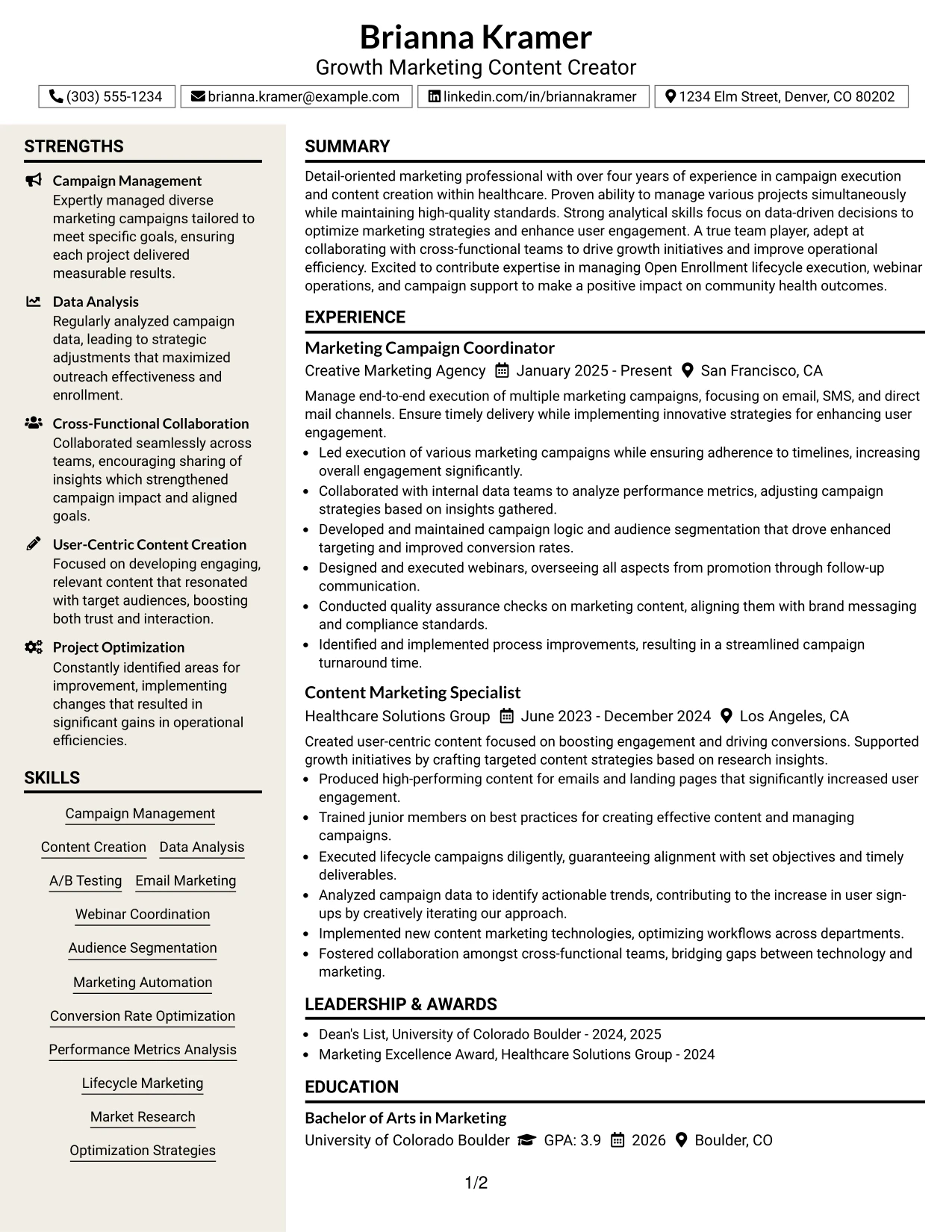 Resume Example Page 1