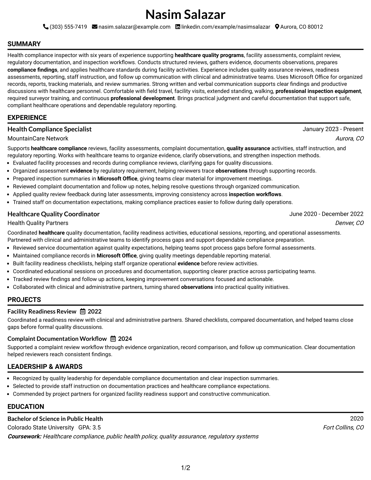 Resume Example Page 1