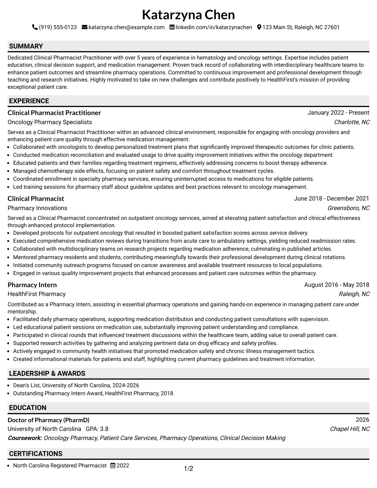 Resume Example Page 1