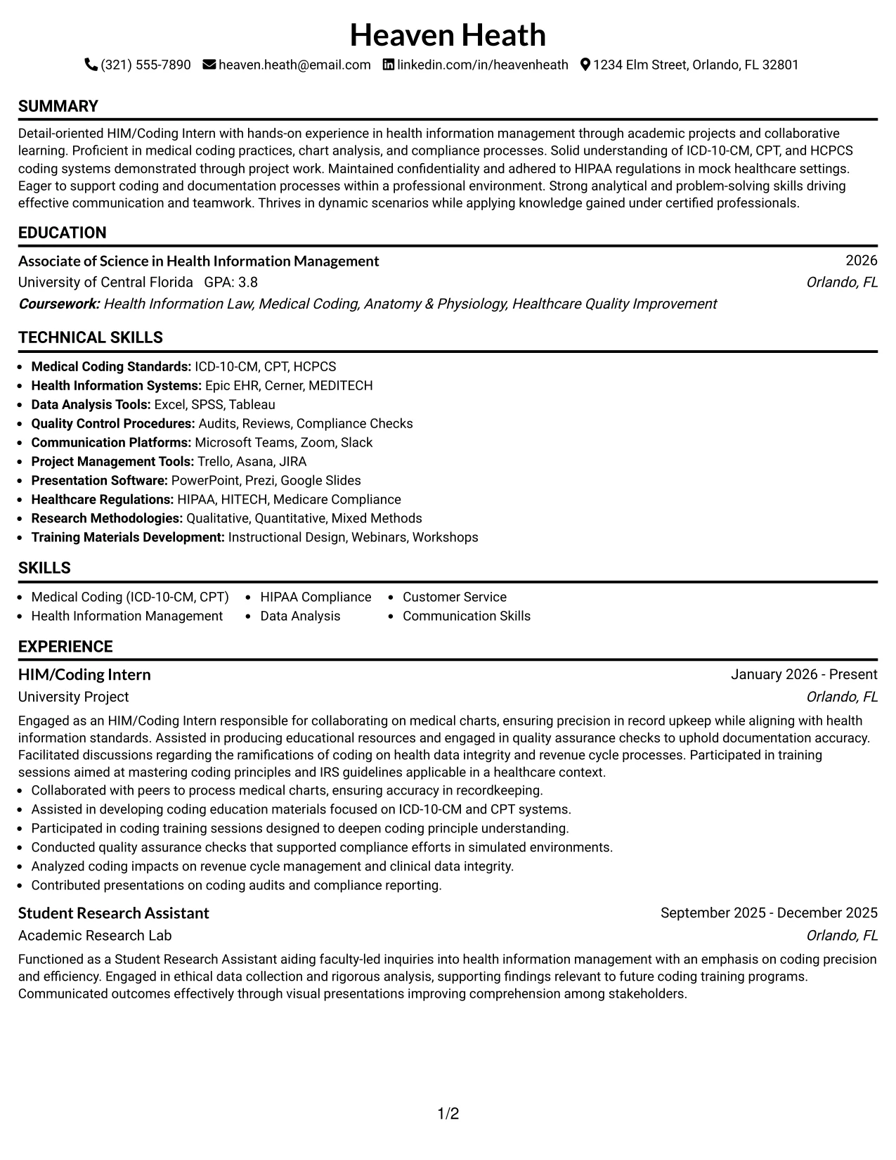 Resume Example Page 1