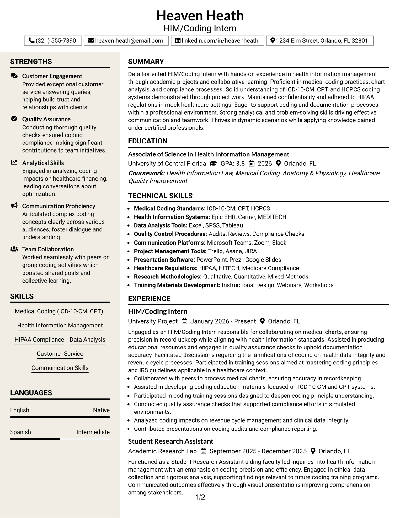 Resume Example Page 1