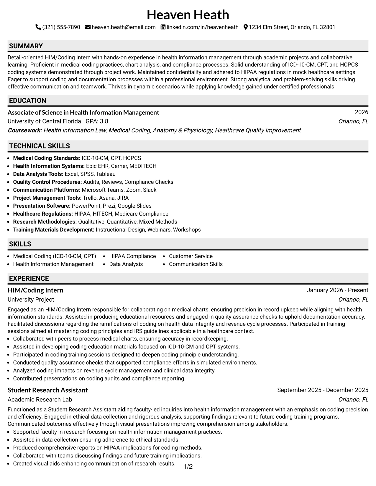 Resume Example Page 1