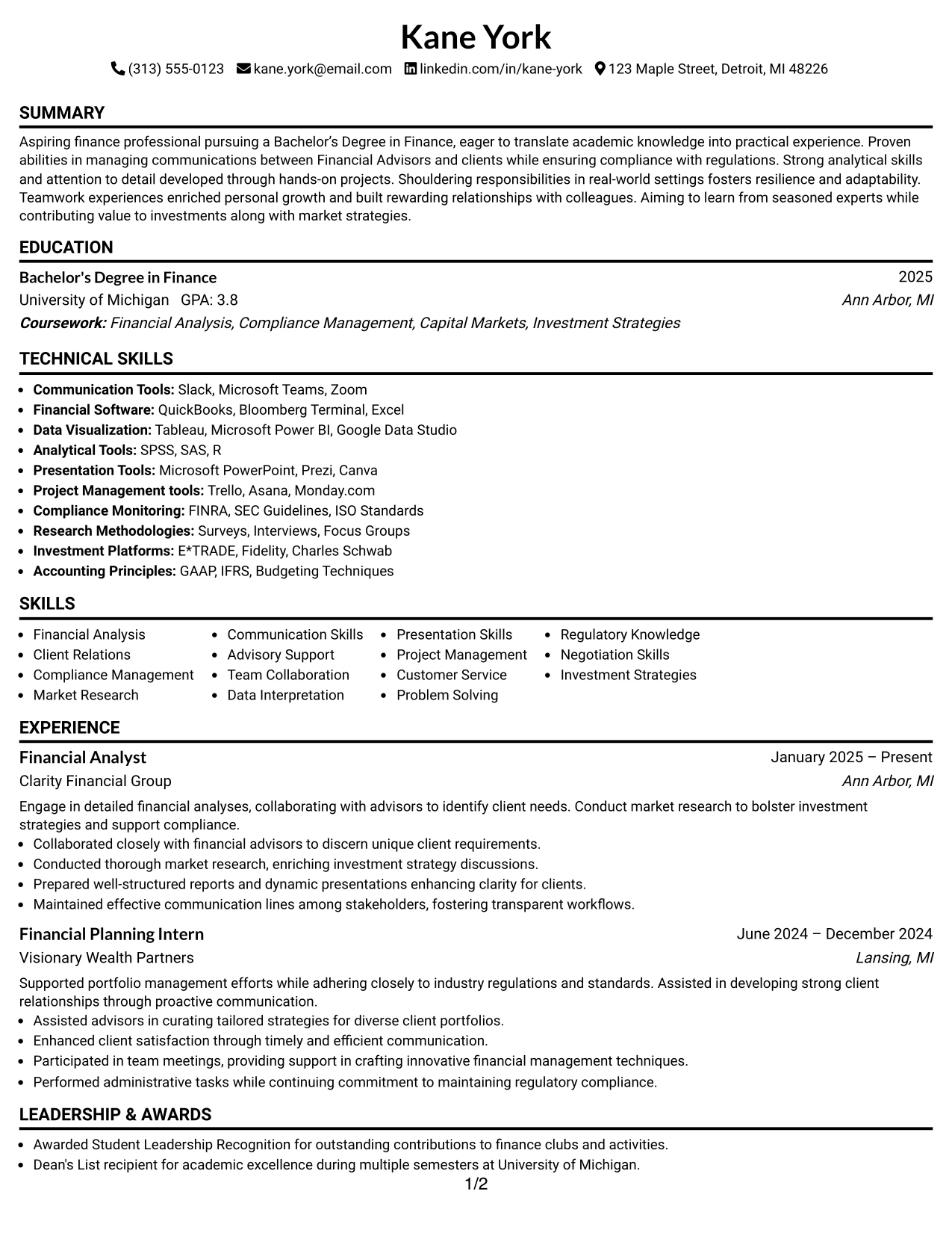 Resume Example Page 1