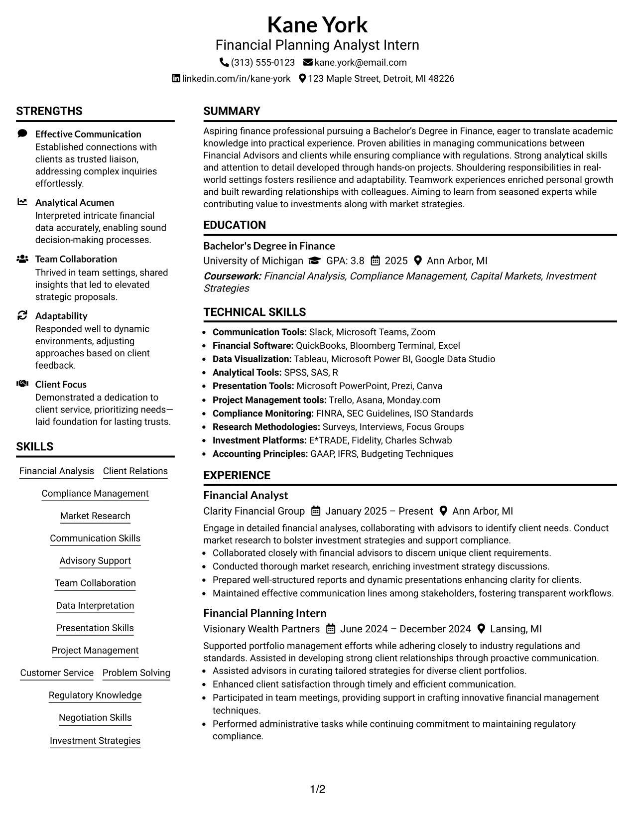 Resume Example Page 1