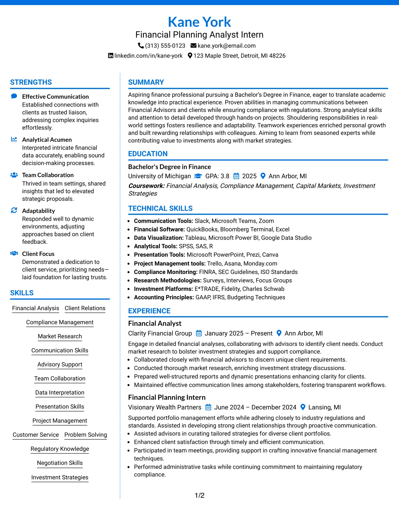 Resume Example Page 1
